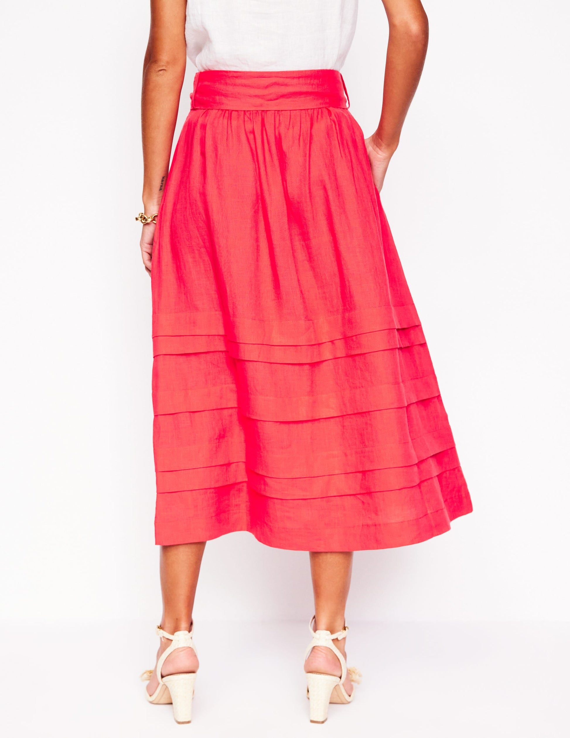 Pintuck Linen Midi Skirt-Strawberry Tart Red-3