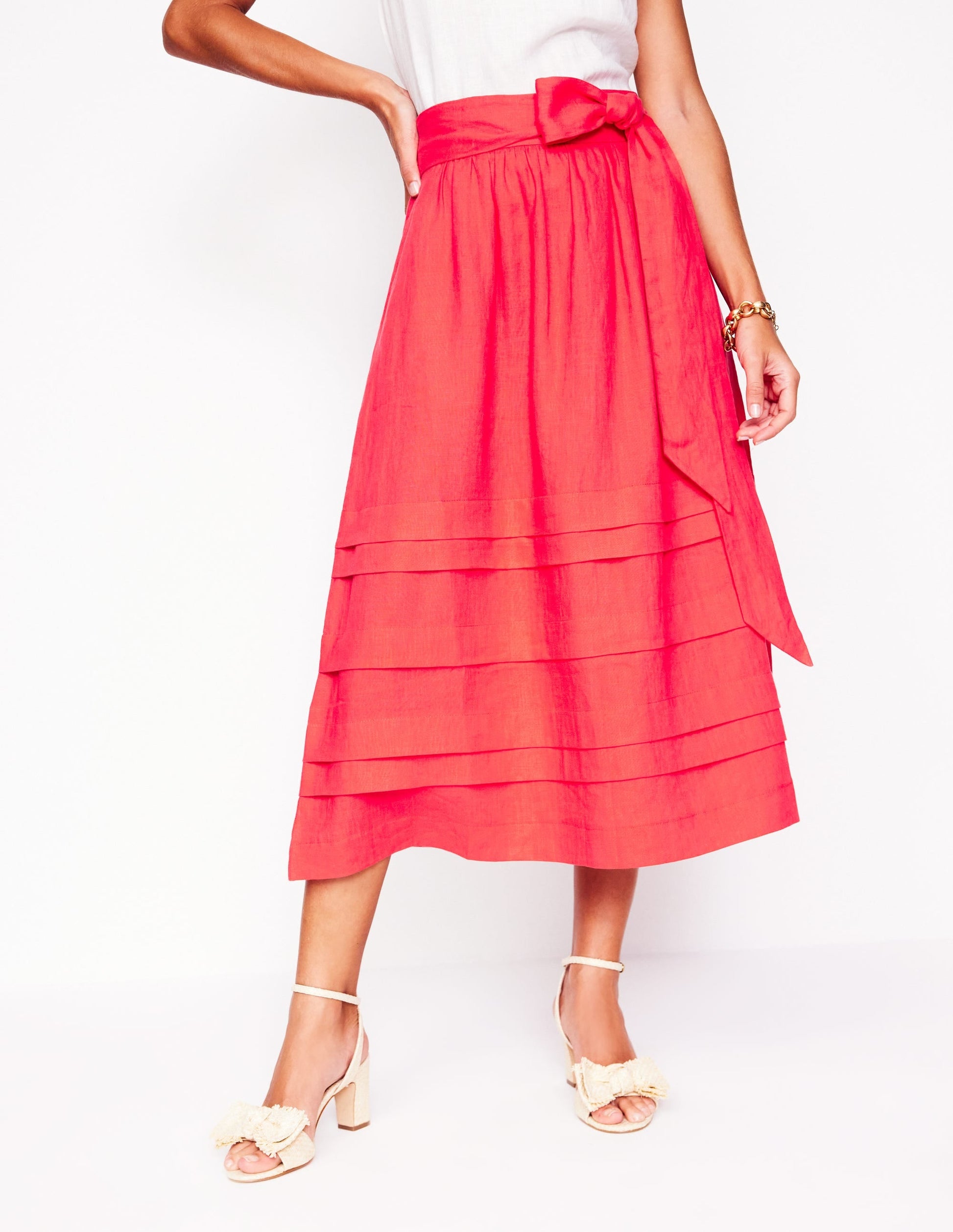 Pintuck Linen Midi Skirt-Strawberry Tart Red-4