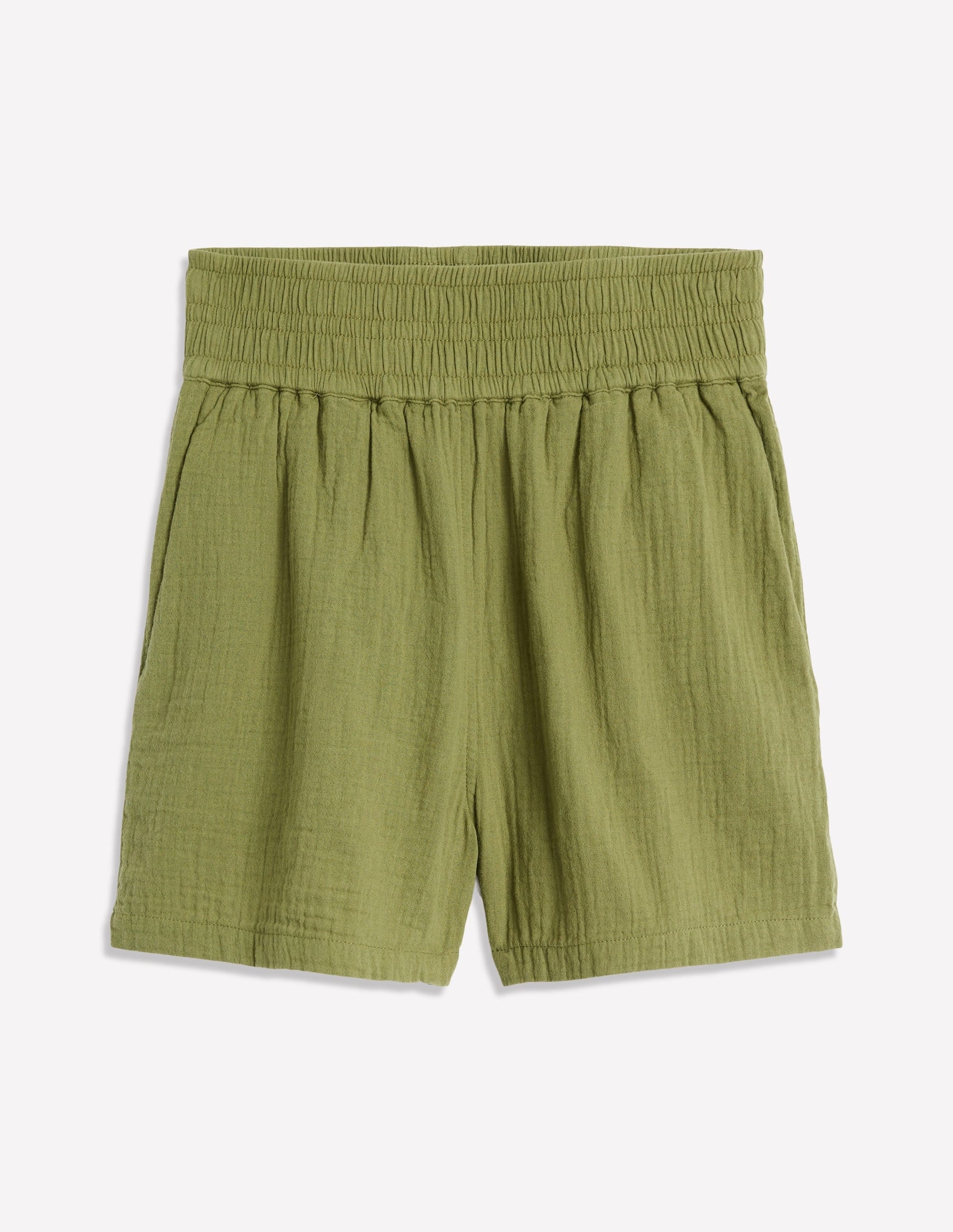 Smocked Double Cloth Shorts-Olive Green-5