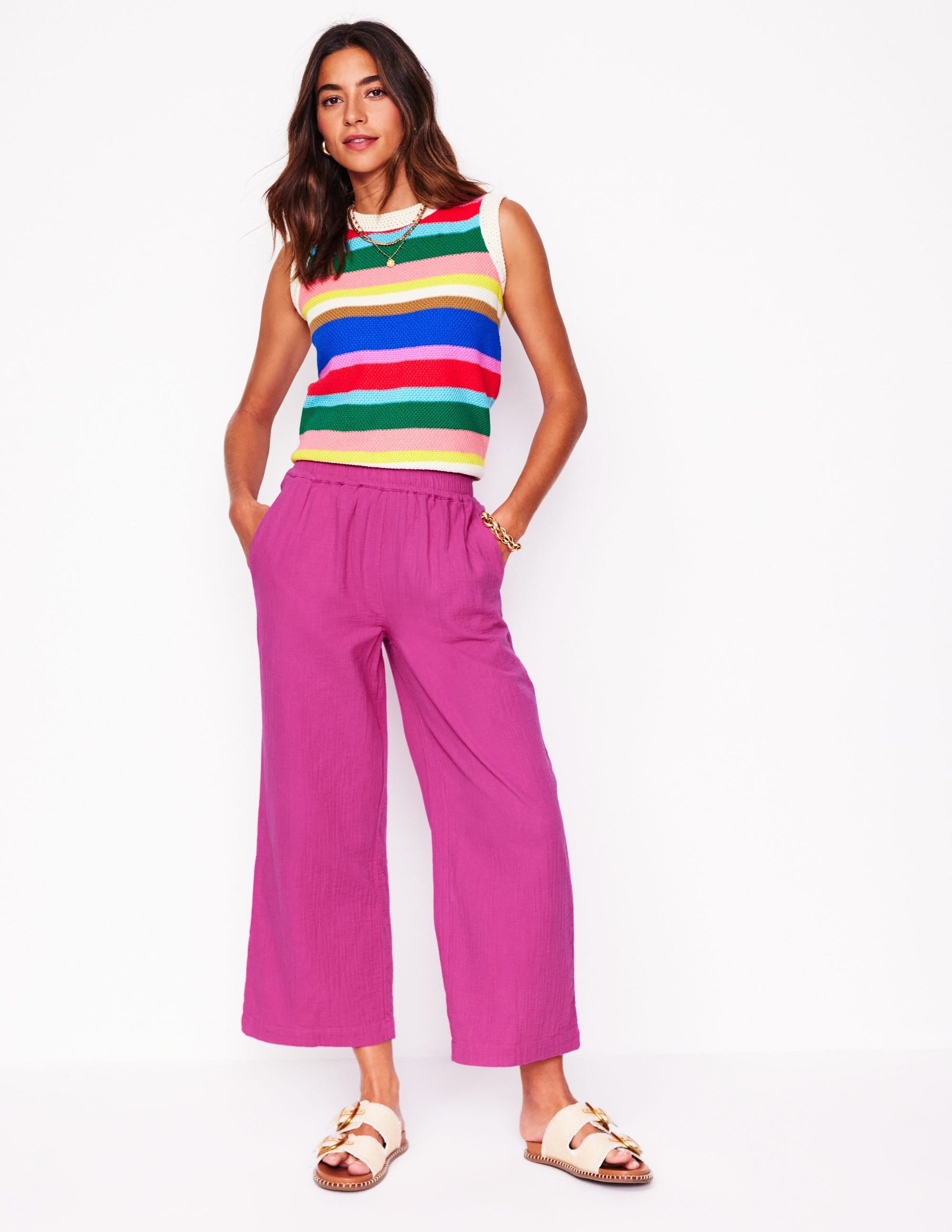 Cropped Double Cloth Trousers-Cosmos Pink-1