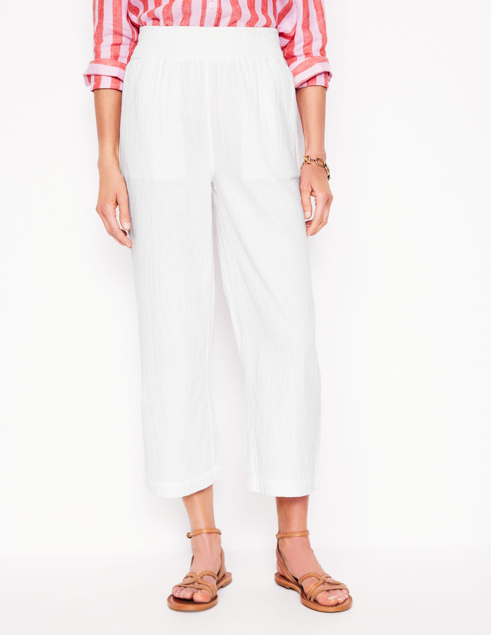Cropped Double Cloth Trousers-White-5