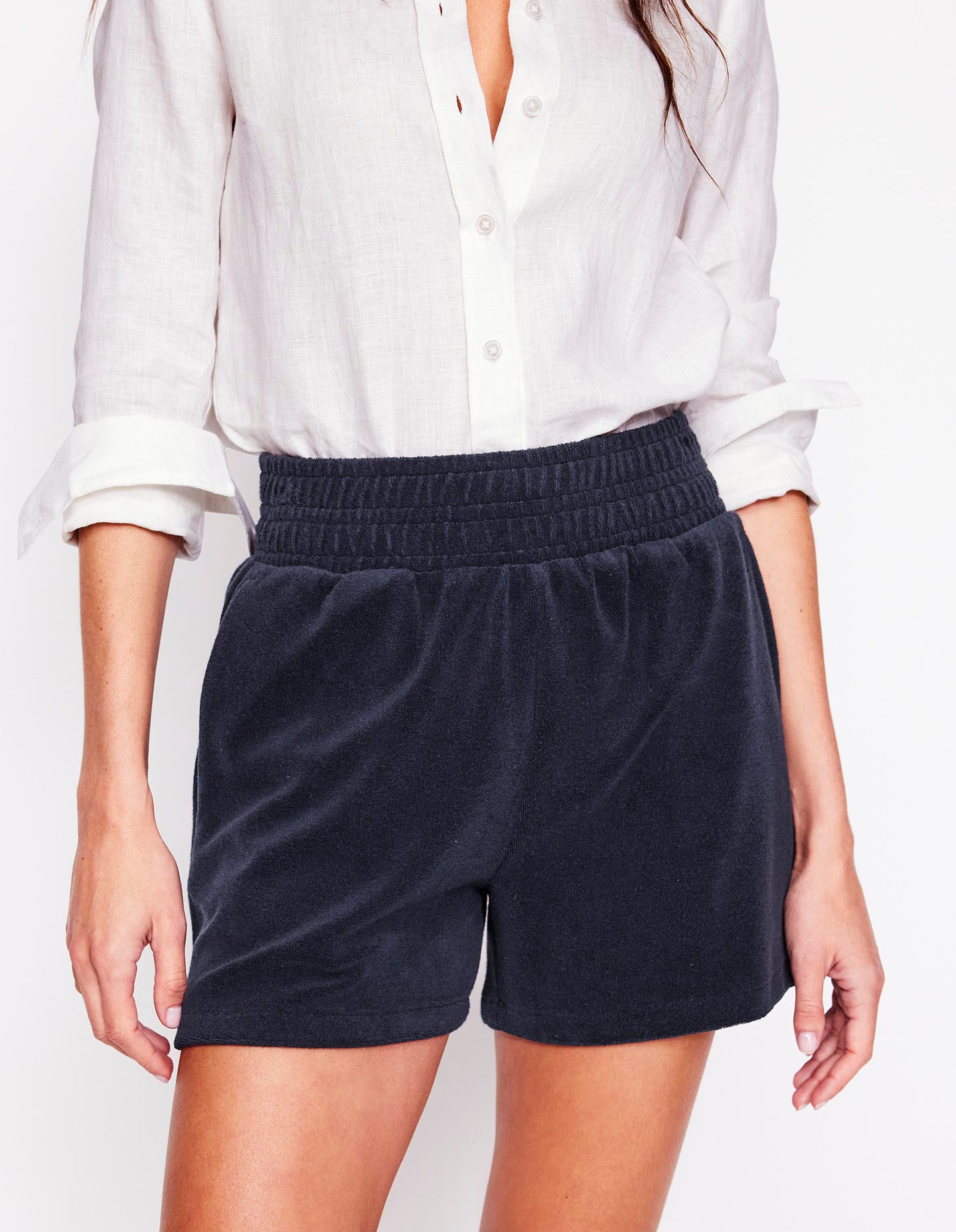 Smocked Towelling Short-Navy-4