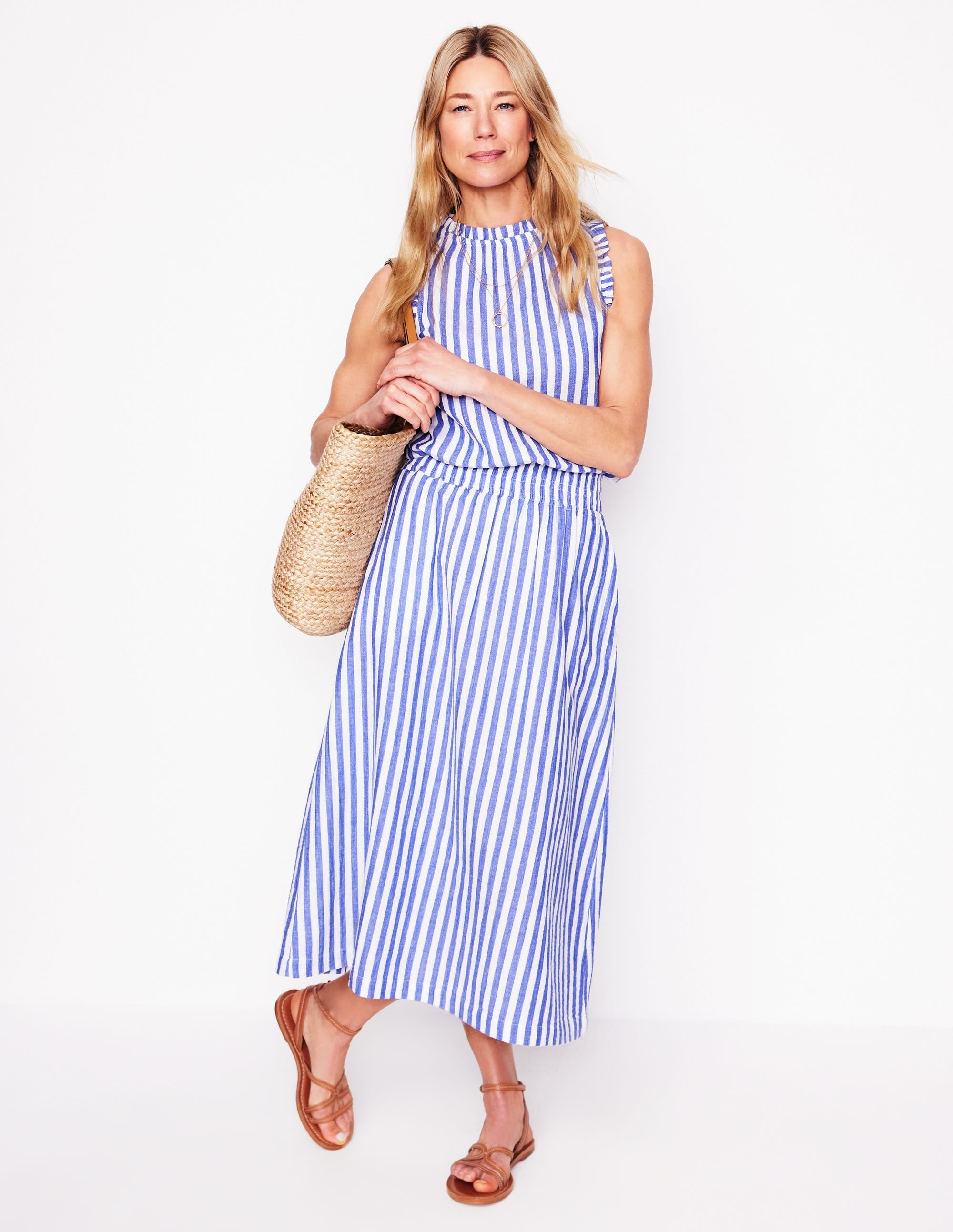 Doublecloth Smocked Midi Skirt-Bright Blue Stripe - Image 1