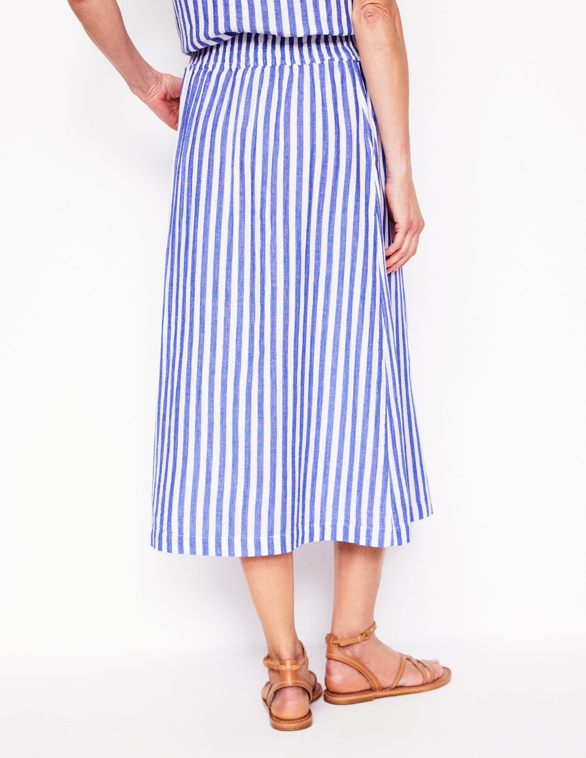 Doublecloth Smocked Midi Skirt-Bright Blue Stripe-3