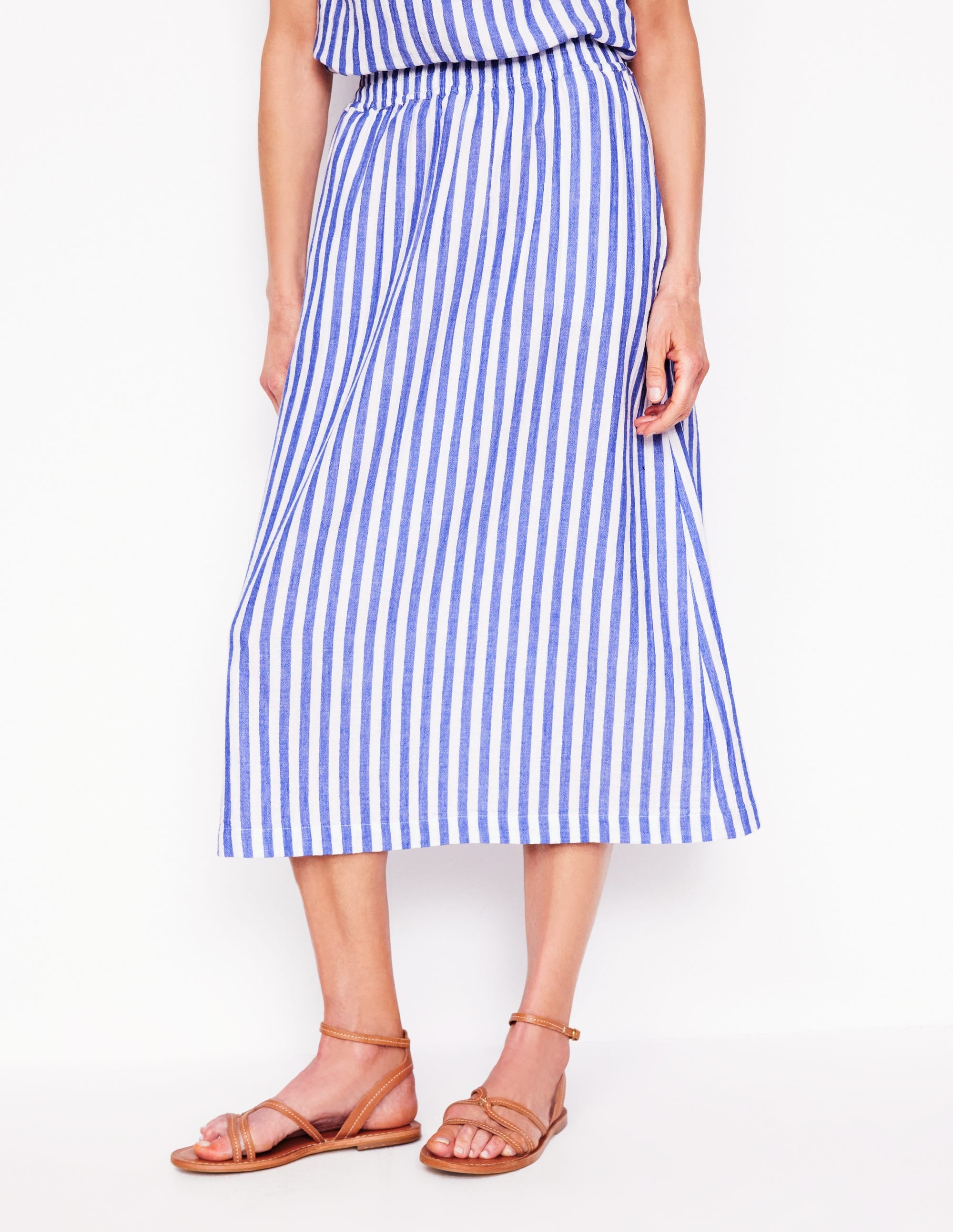 Doublecloth Smocked Midi Skirt-Bright Blue Stripe - Image 4