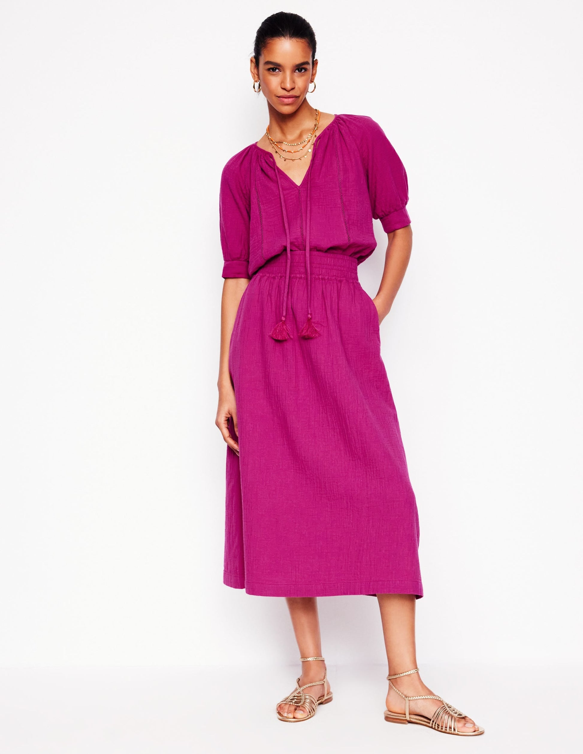 Doublecloth Smocked Midi Skirt-Fuchsia-1