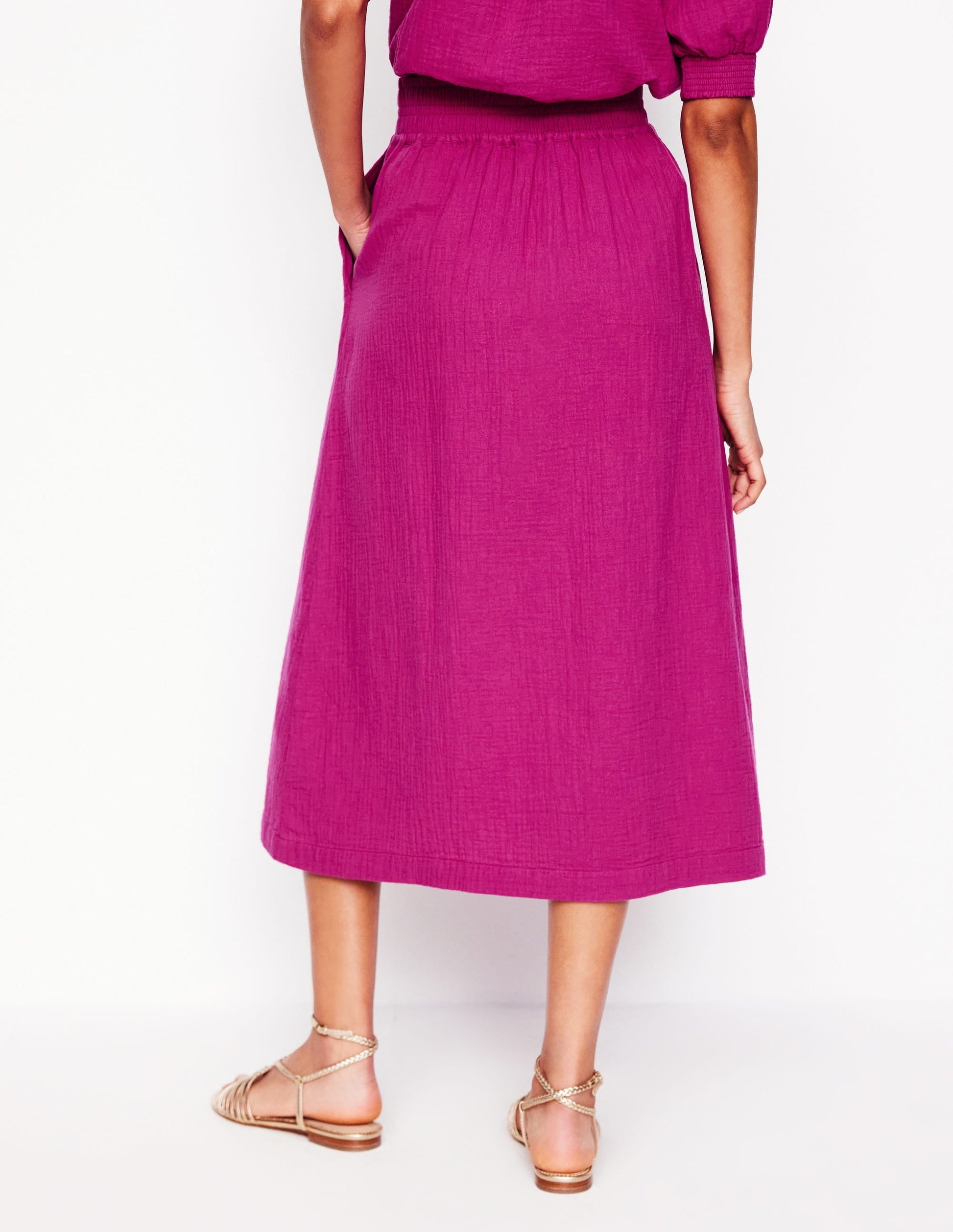 Doublecloth Smocked Midi Skirt-Fuchsia-3