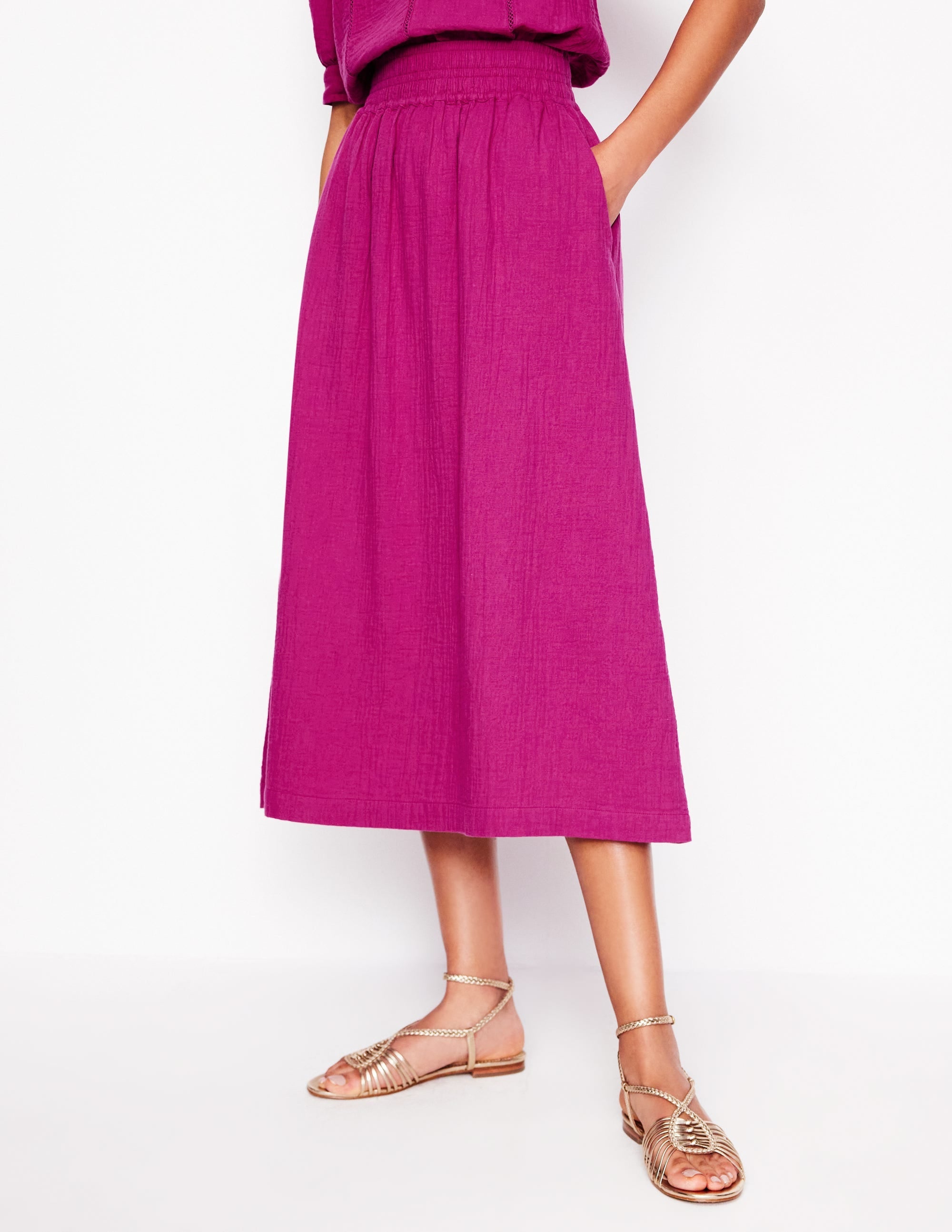 Doublecloth Smocked Midi Skirt-Fuchsia - Image 4