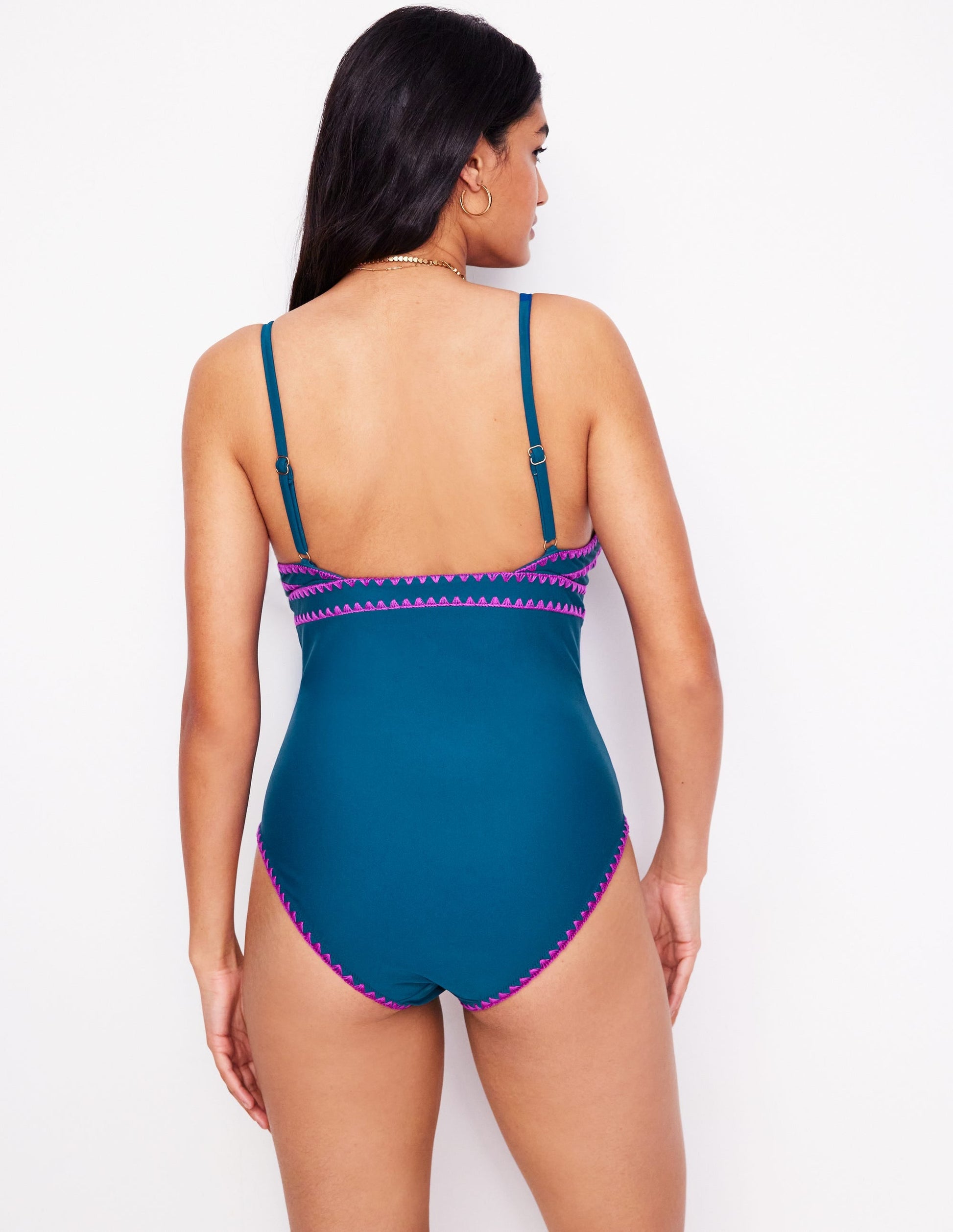 Kasos String V Neck Swimsuit-Oceanside, Very Fuchsia-6