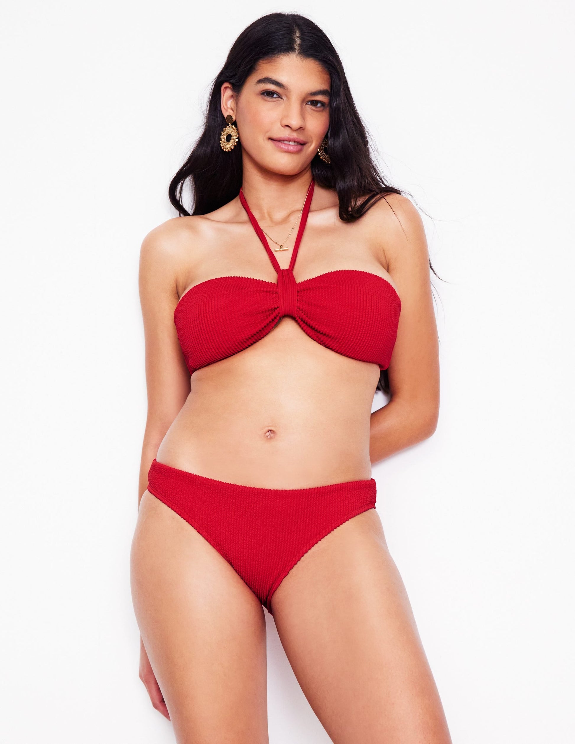 Crinkle Texture Bikini Bottoms-Tulip Red-1