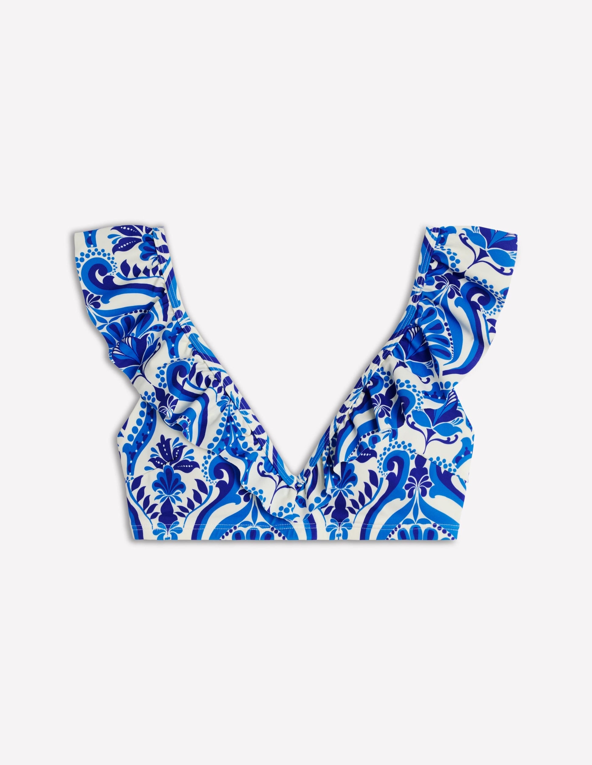 Evia Ruffle Bikini Top-Blue, Ornamental Floral-7