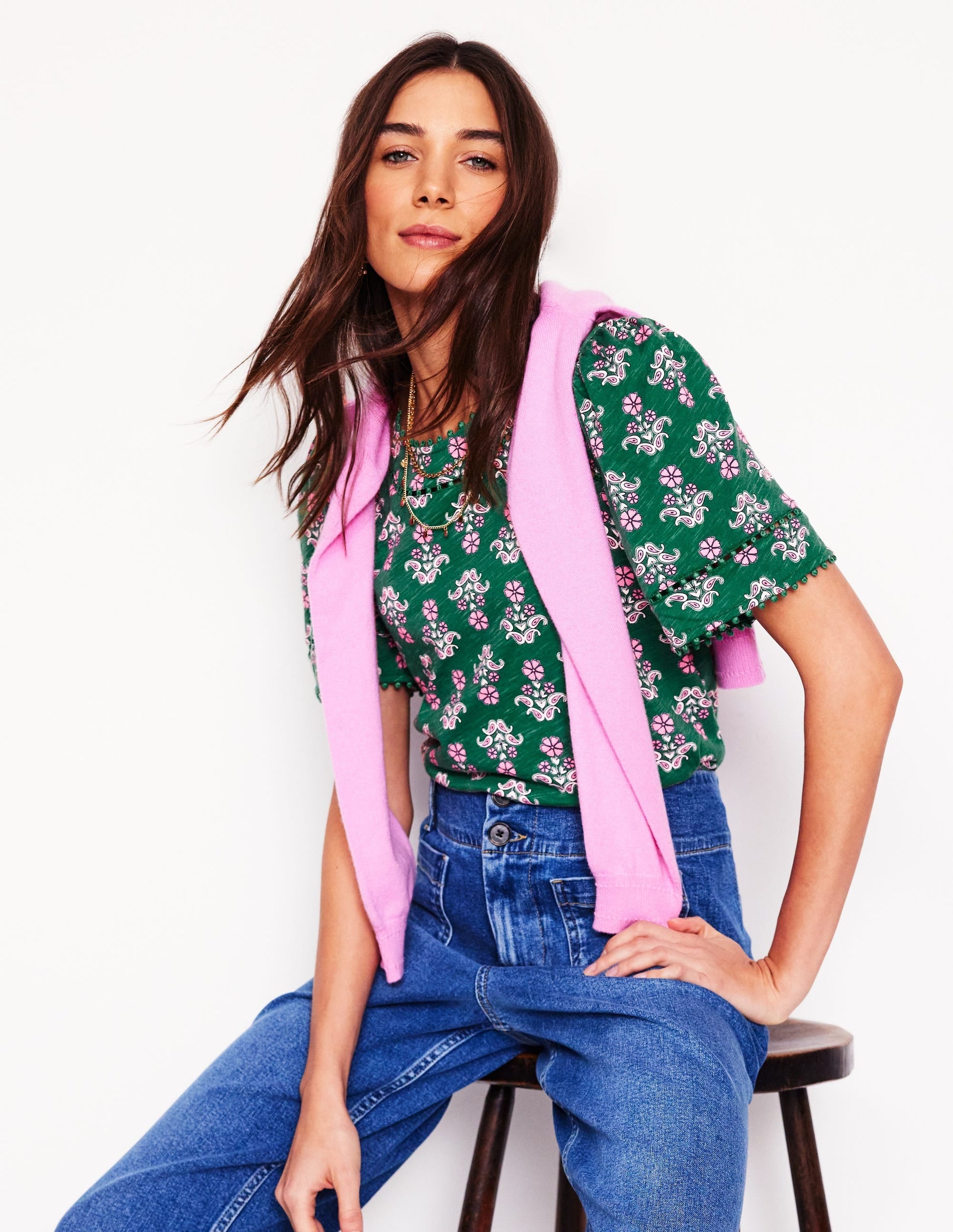 Mila Trim Detail Top-Forest Grass, Pansy Stamp-1