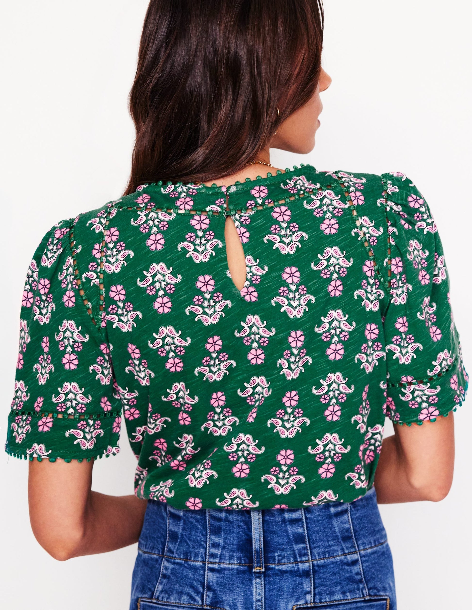 Mila Trim Detail Top-Forest Grass, Pansy Stamp-3