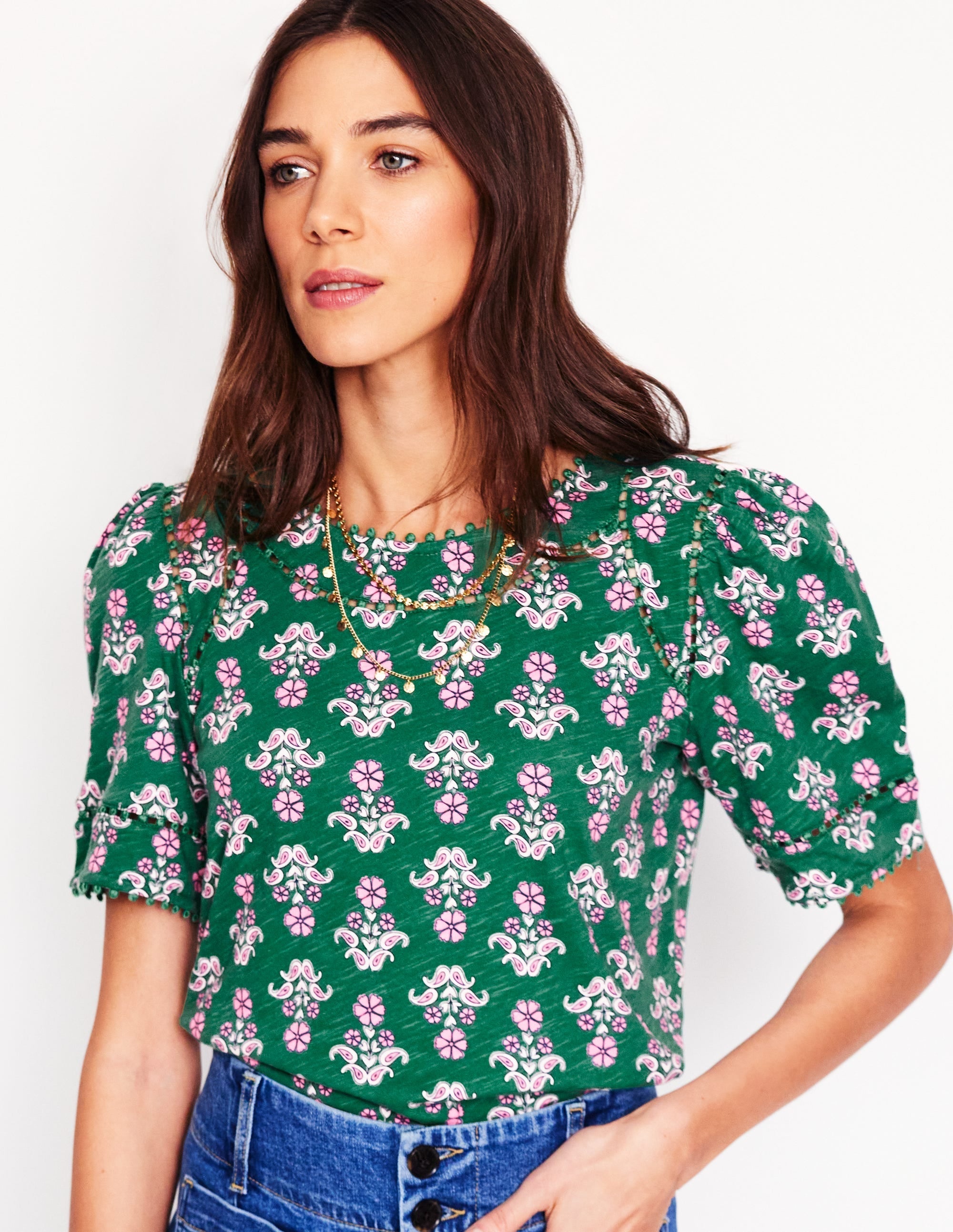 Mila Trim Detail Top-Forest Grass, Pansy Stamp - Image 4