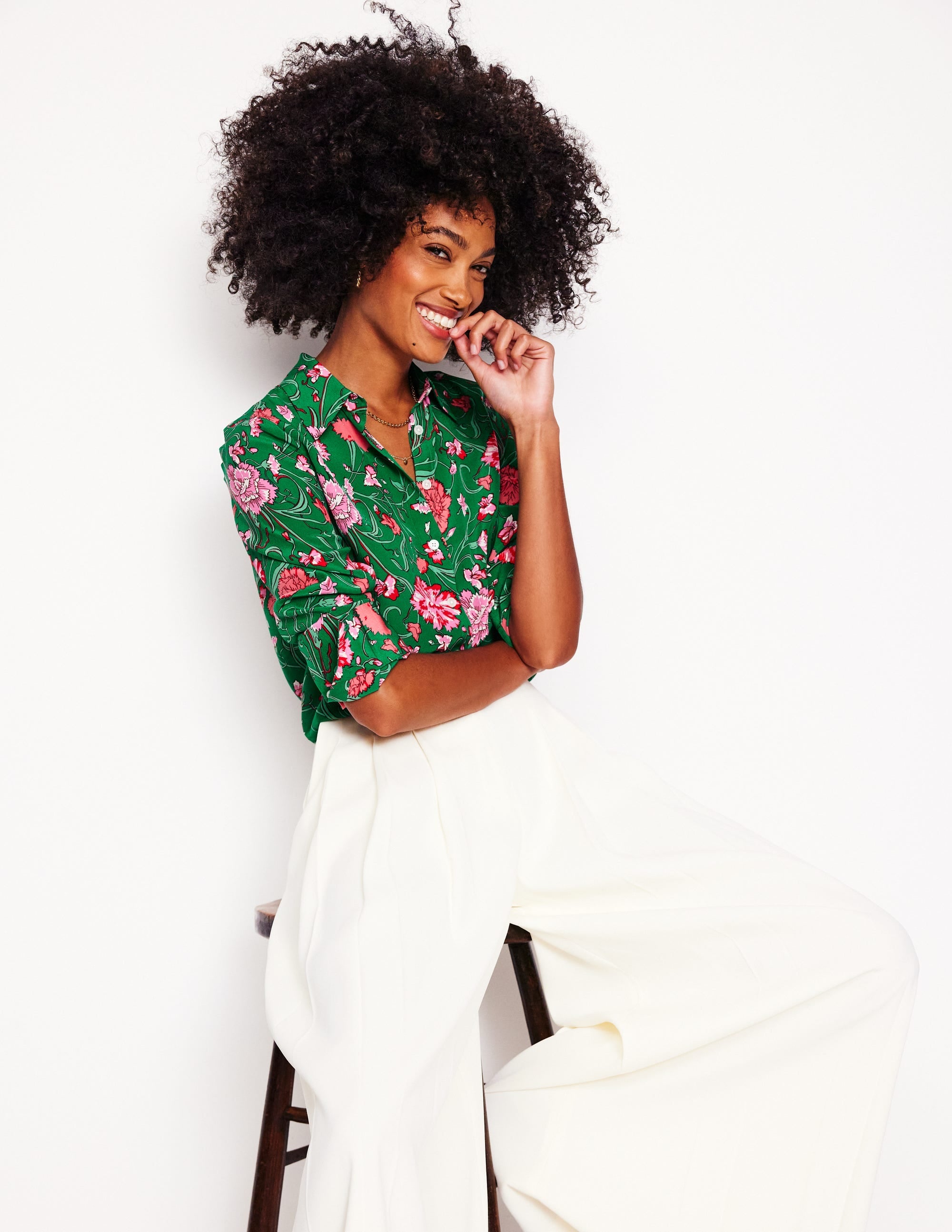 Sienna Silk Shirt-Rich emerald, Carnation Vine - Image 2