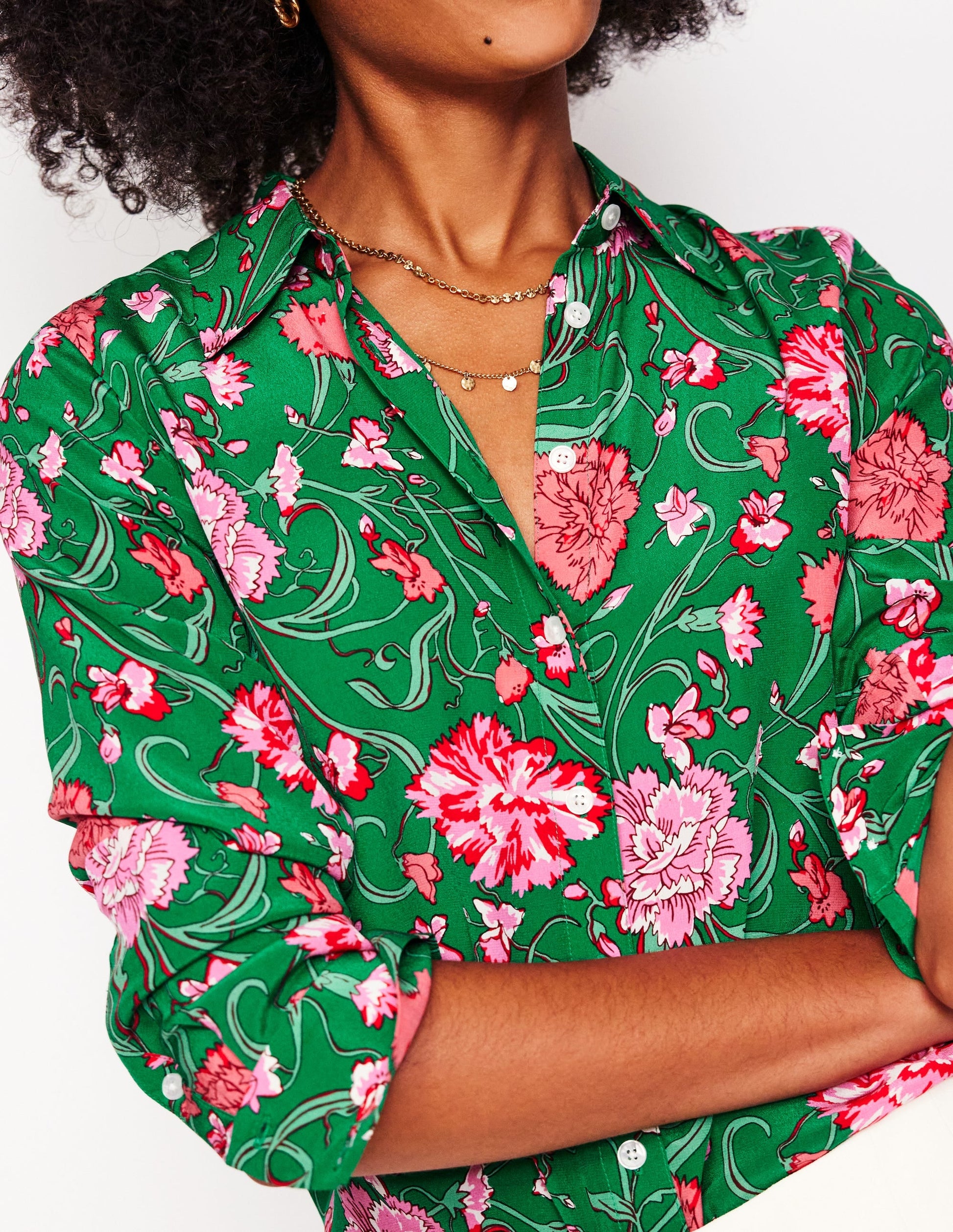 Sienna Silk Shirt-Rich emerald, Carnation Vine-3