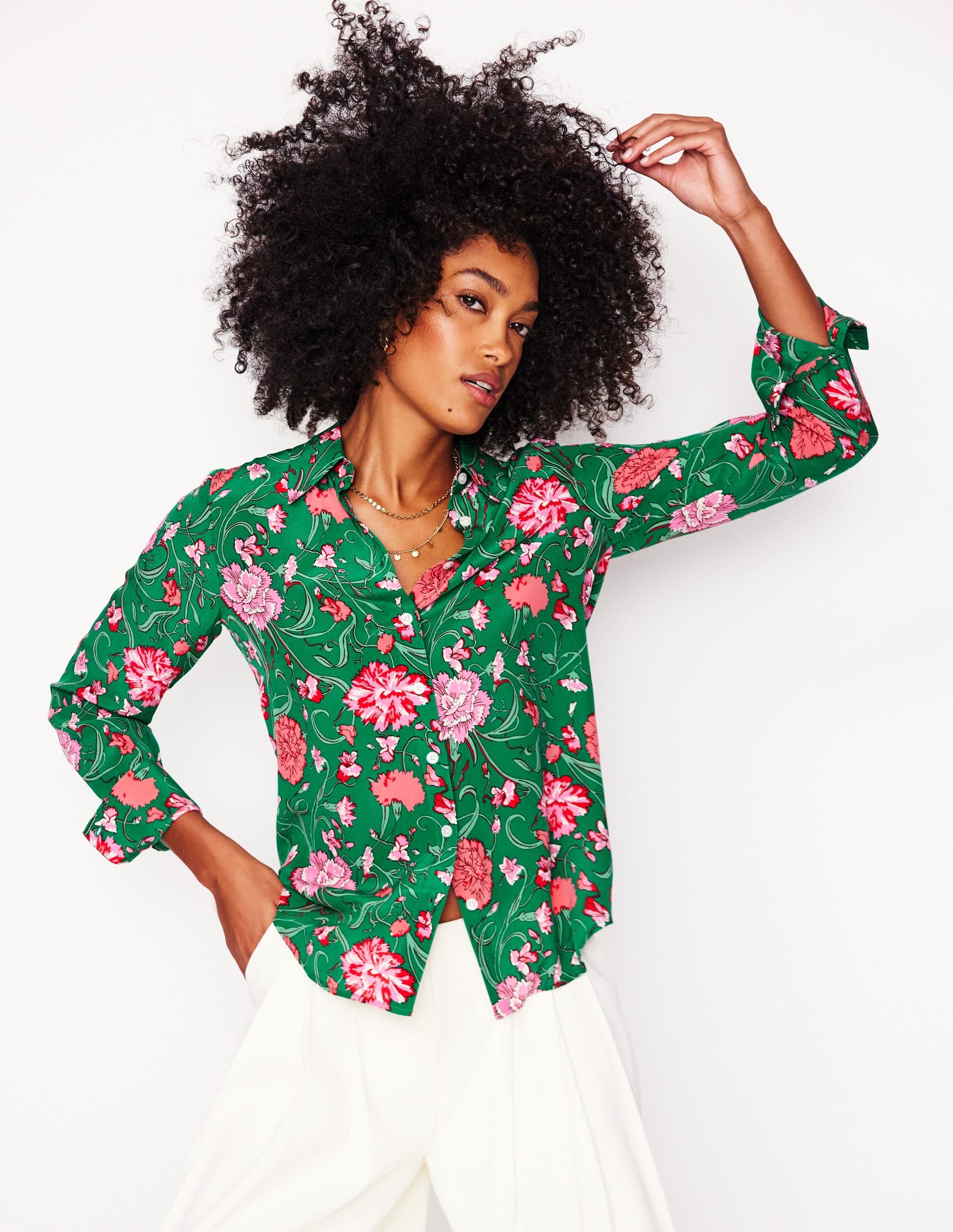 Sienna Silk Shirt-Rich emerald, Carnation Vine-5
