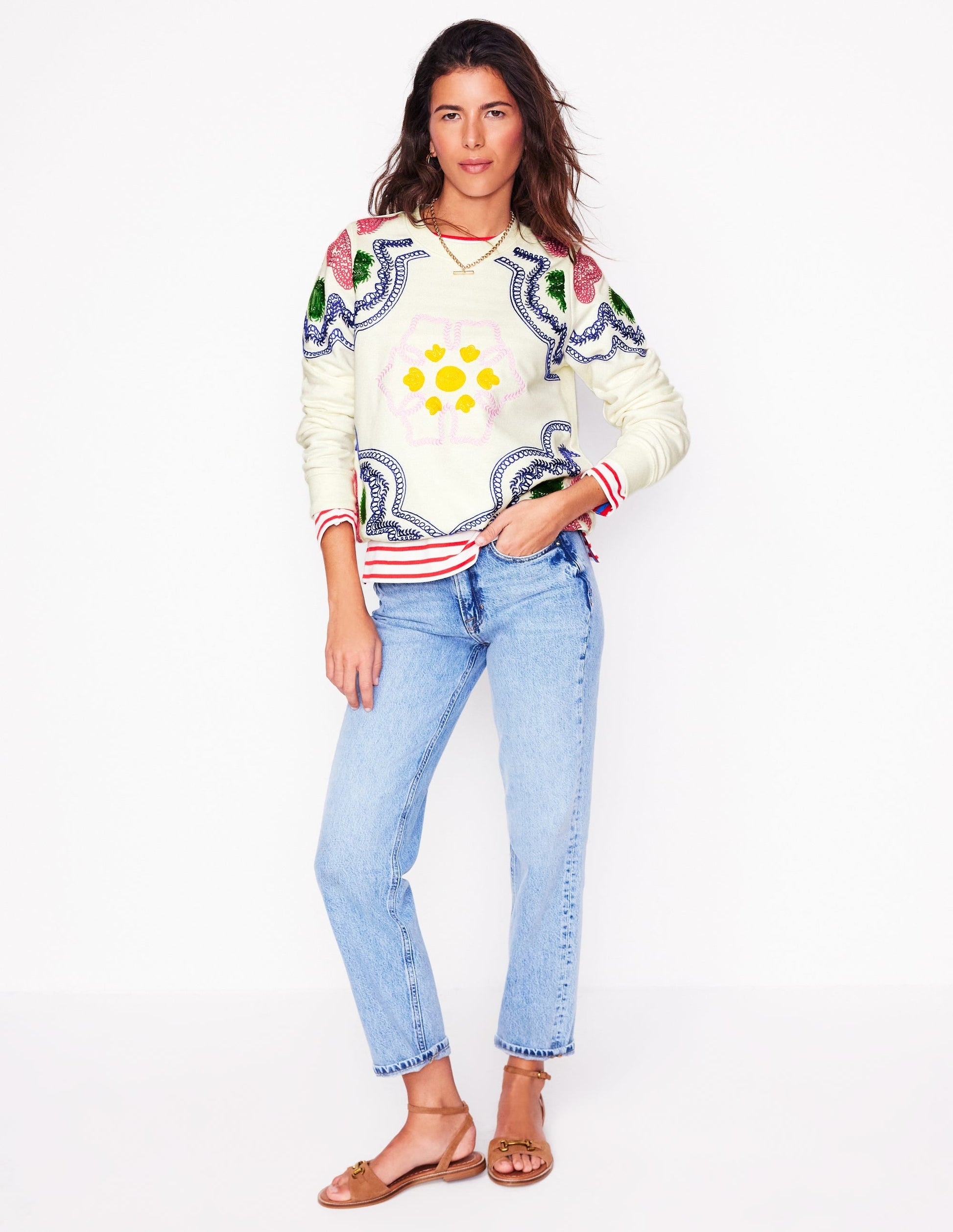 Hannah Embroidered Sweatshirt-Ivory, Geo Stitch-1