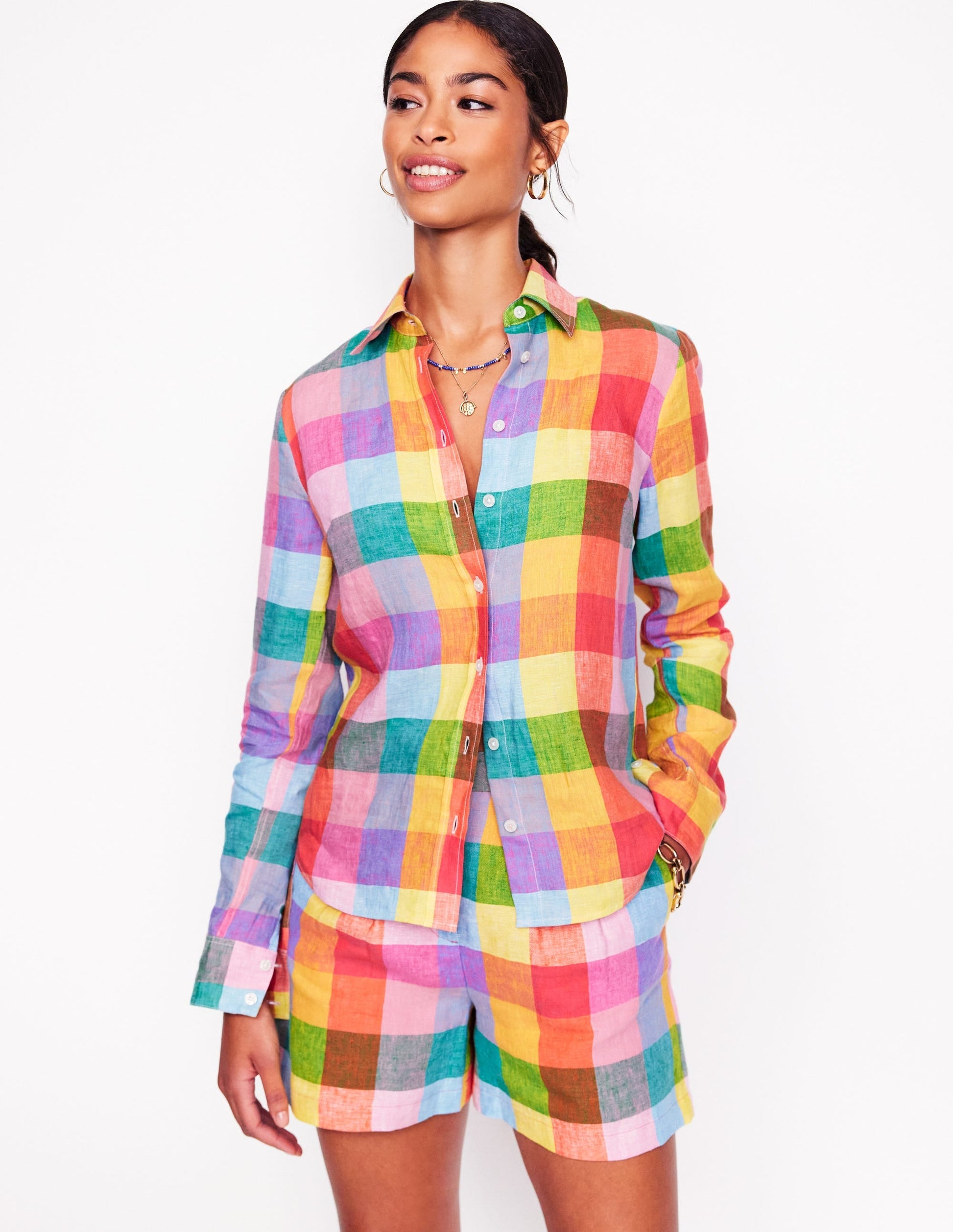 Sienna Linen Shirt-Rainbow Multi Gingham-5
