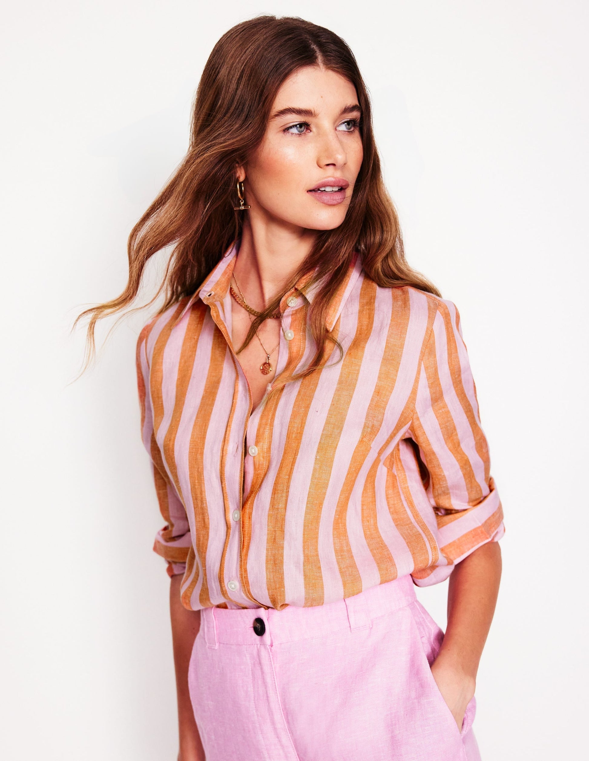 Sienna Linen Shirt-Firecracker and Pink Stripe-2