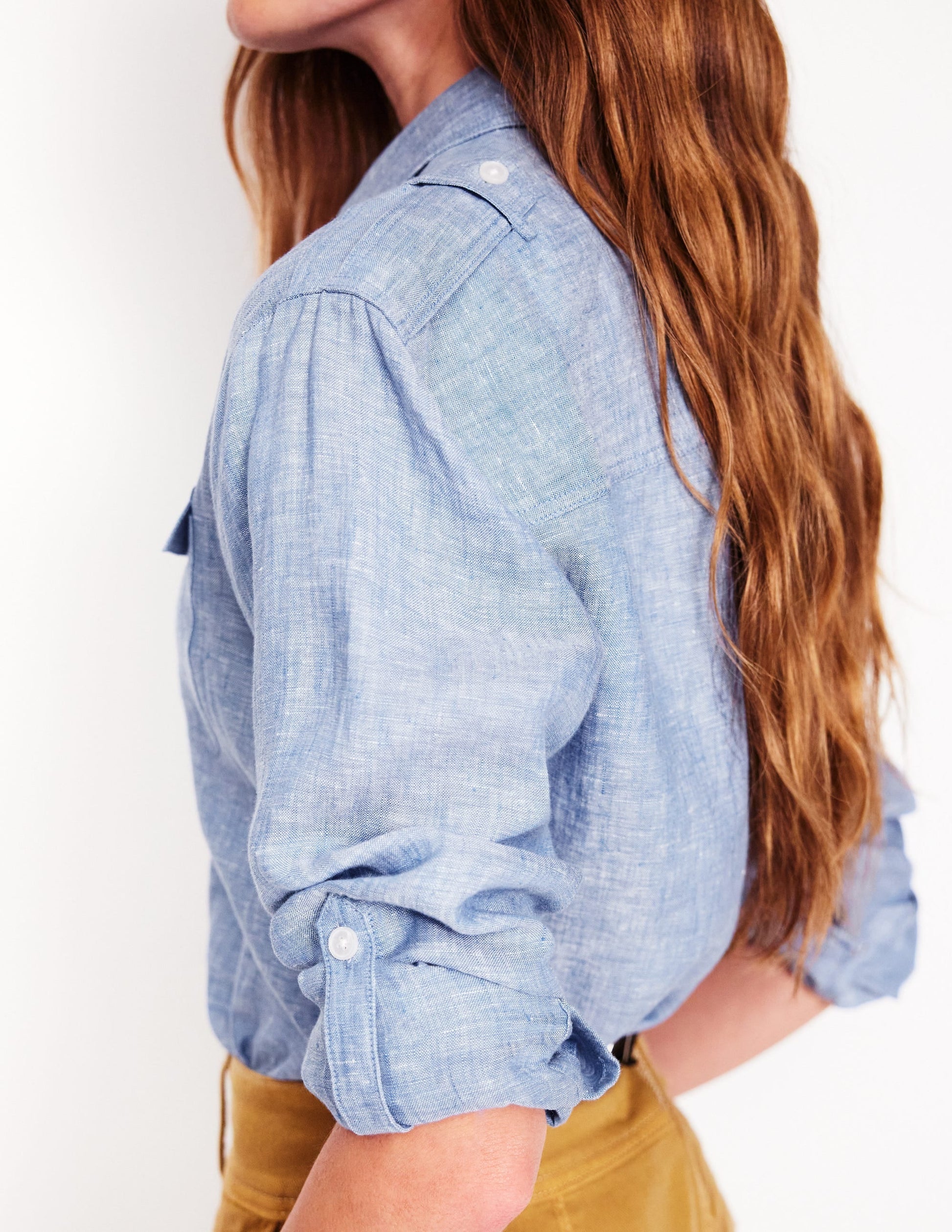 Longline Linen Safari Shirt-Chambray-2