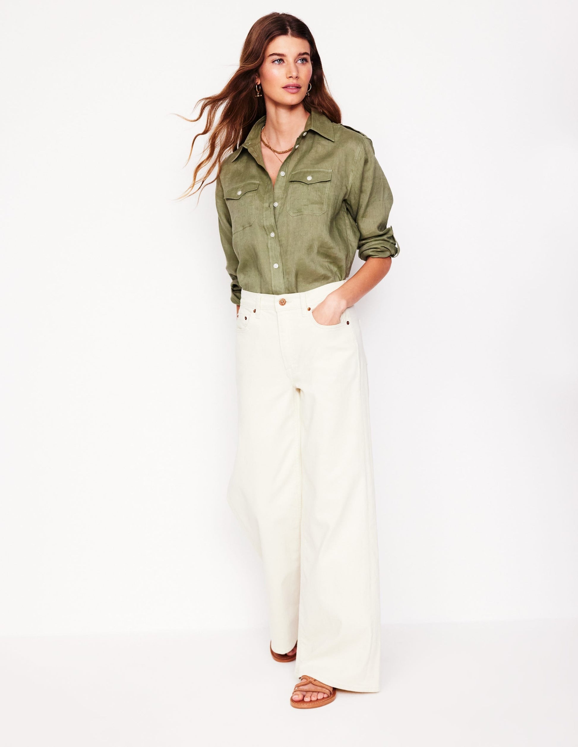Longline Linen Safari Shirt-Larch Green-1