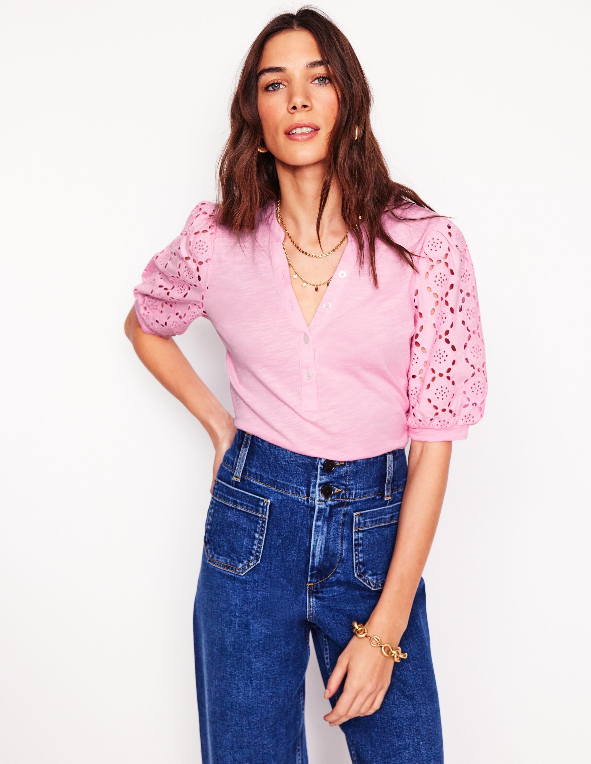 Eden Puff Sleeve Henley Top-Soft Pink - Image 2
