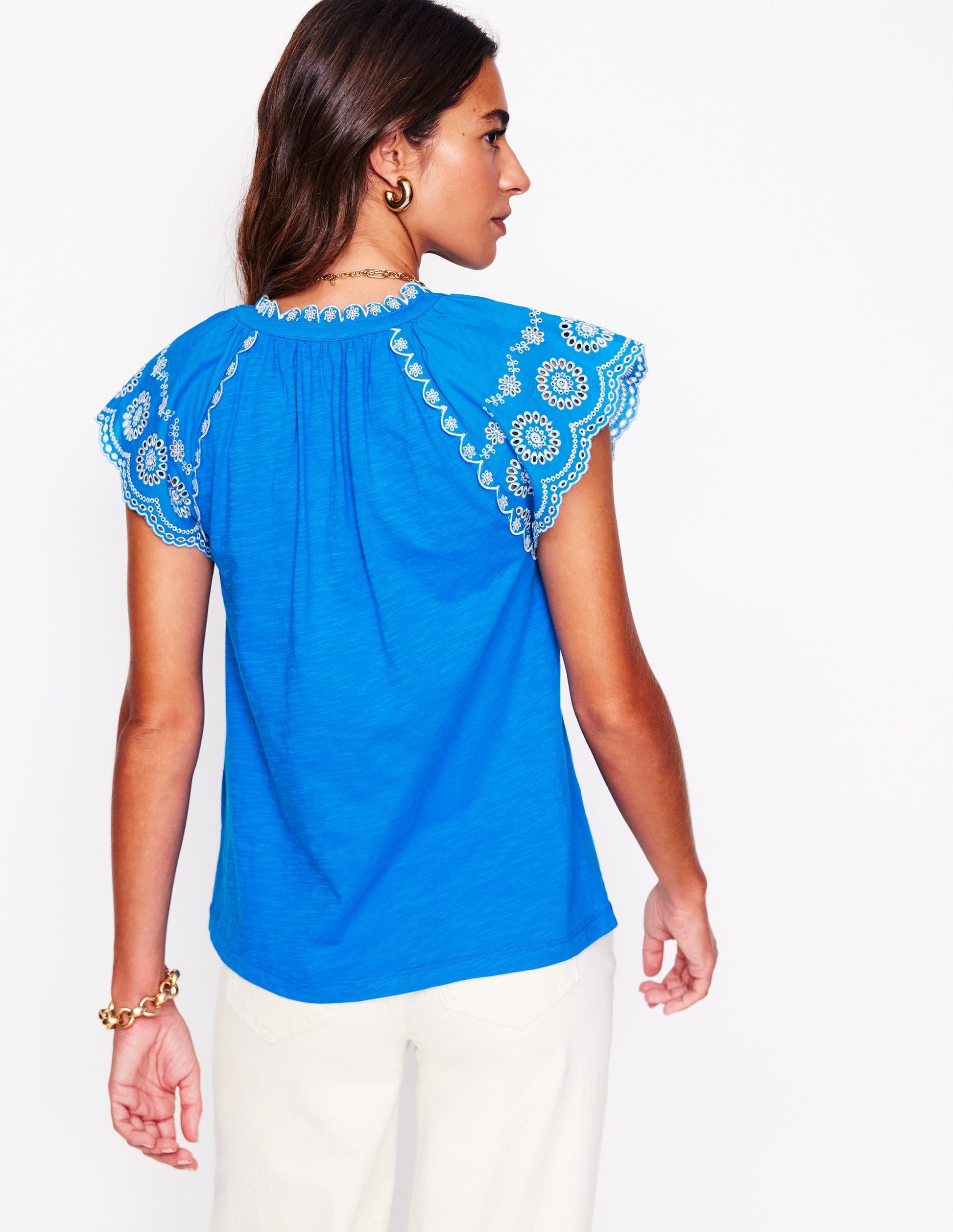 Ila Broderie Sleeve Notch Top-Kingfisher Blue-3