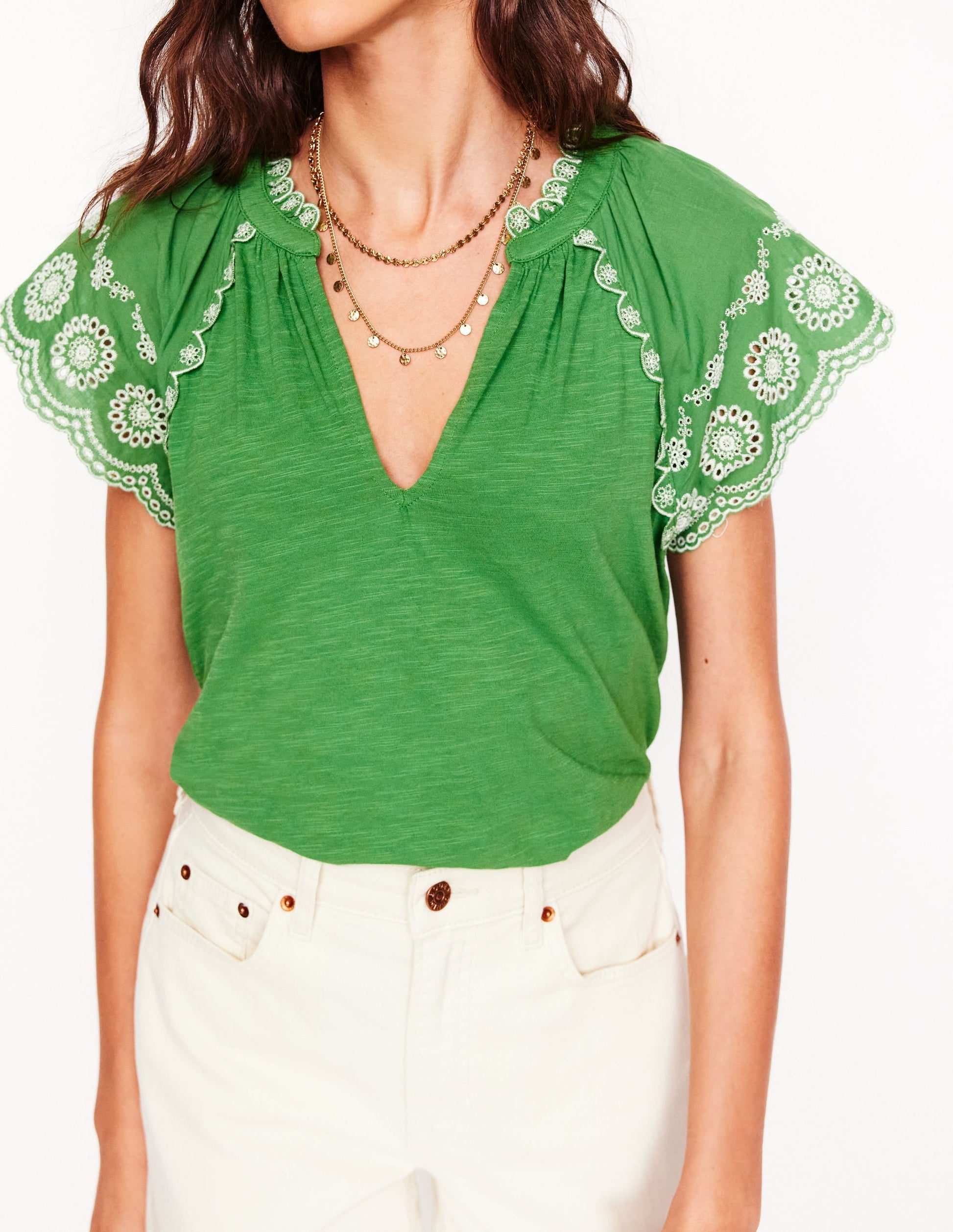 Ila Broderie Sleeve Notch Top-Paradise Green-2