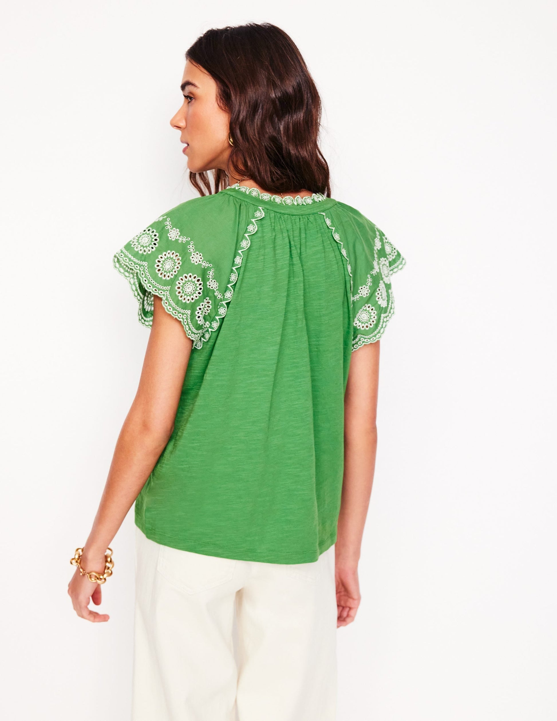 Ila Broderie Sleeve Notch Top-Paradise Green-3
