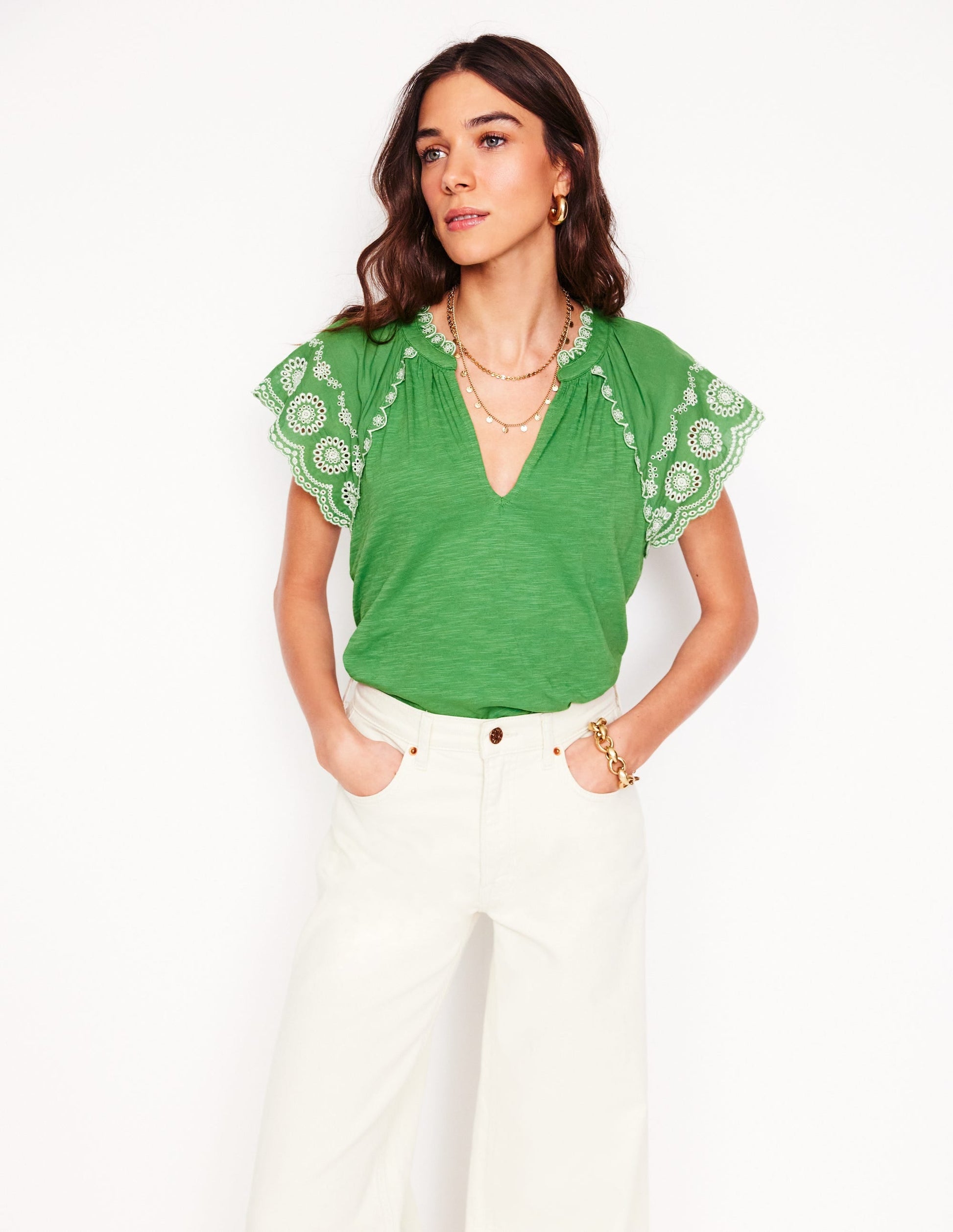 Ila Broderie Sleeve Notch Top-Paradise Green-4
