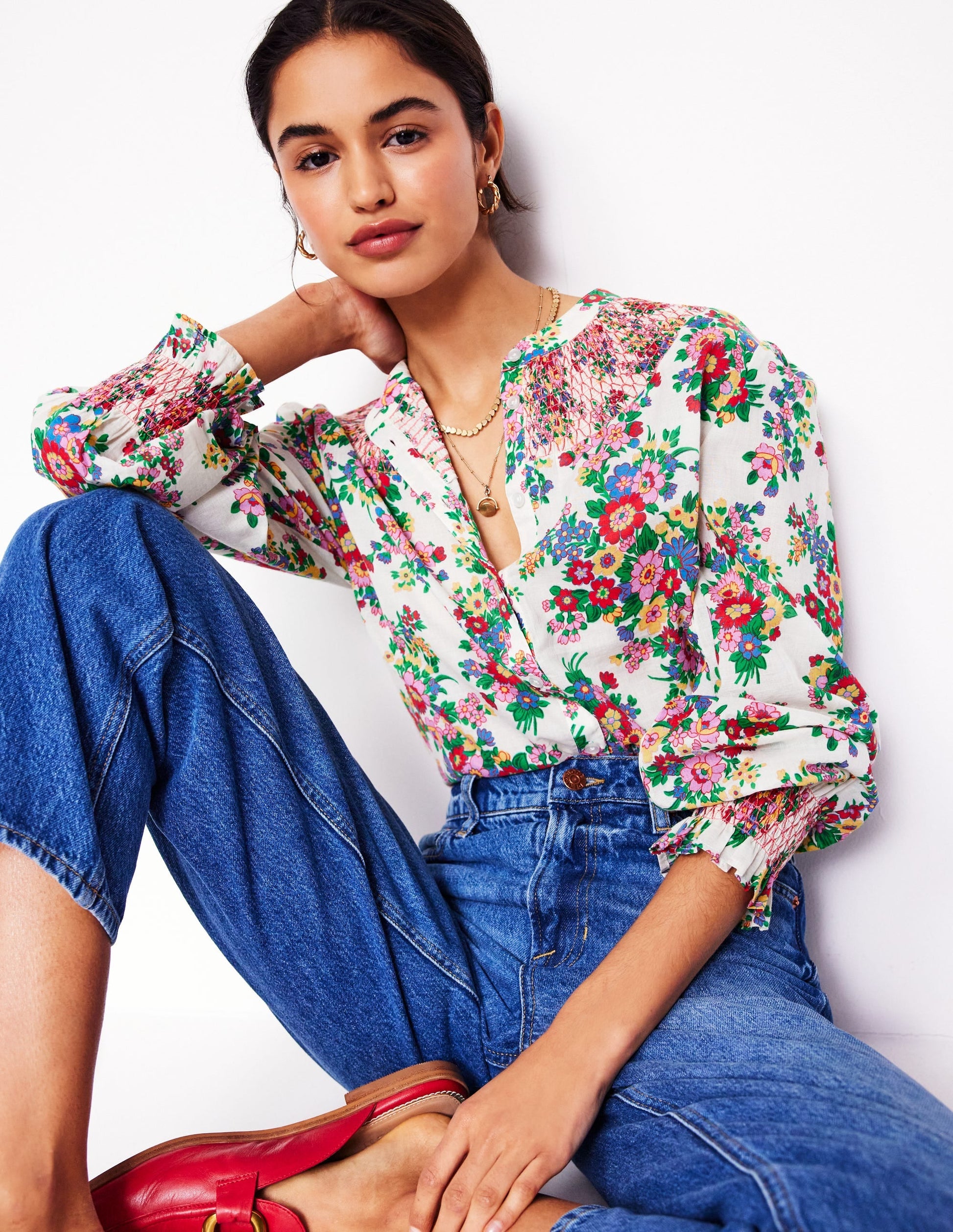Effie Smocked Blouse-Multi, Bouquet Cluster-1