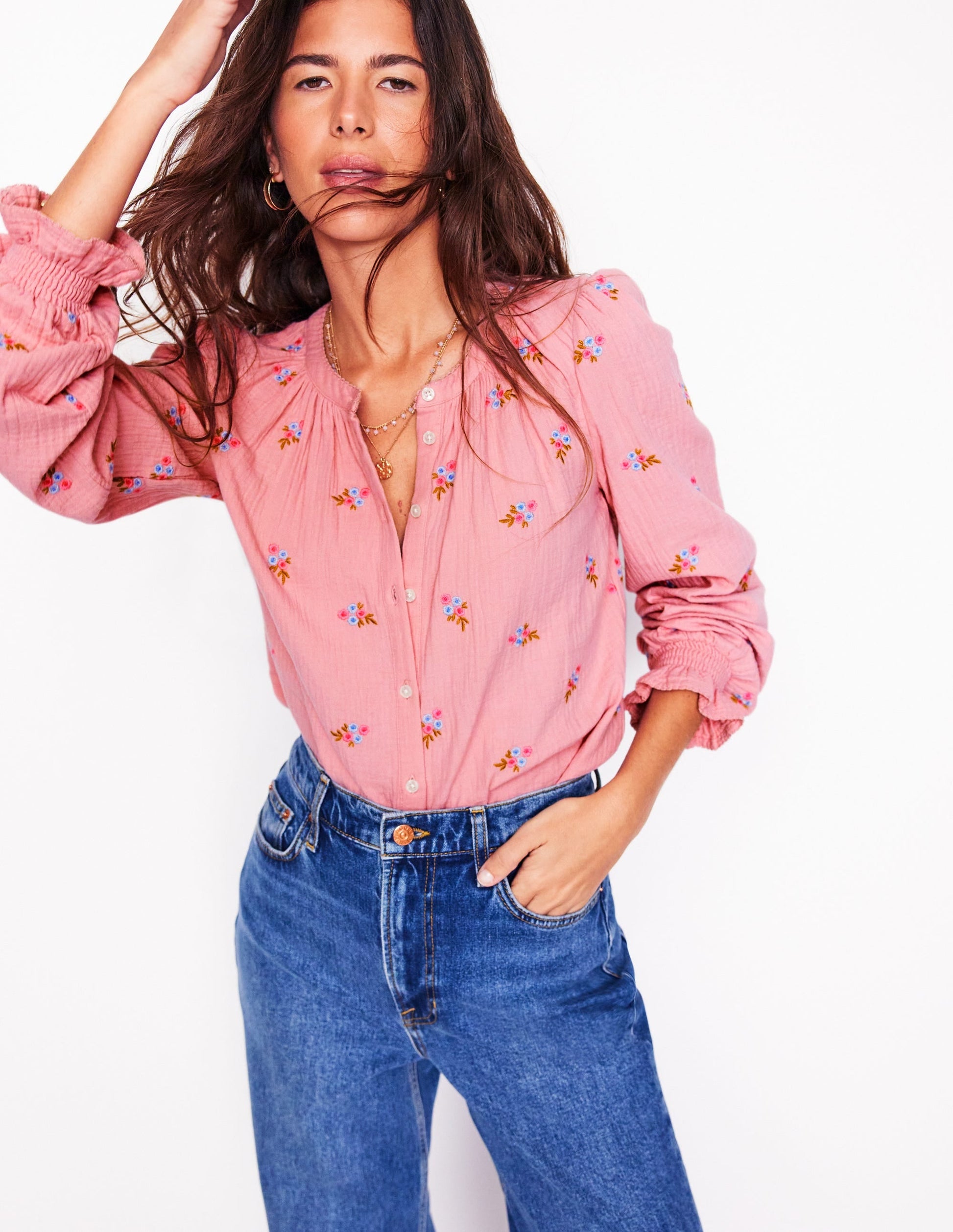 Evie Double Cloth Top-Almond Pink, Floral Embroidery-1