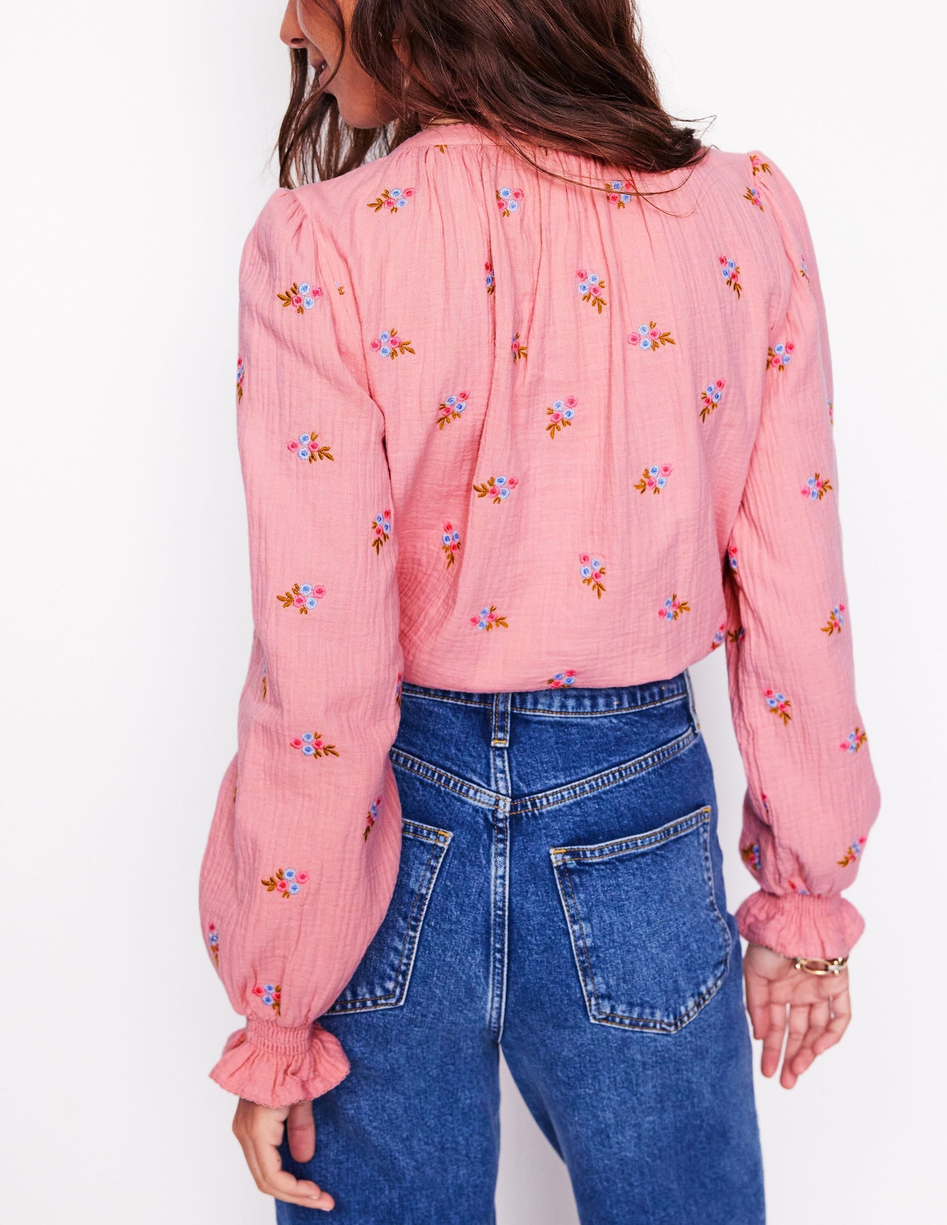 Evie Double Cloth Top-Almond Pink, Floral Embroidery-4