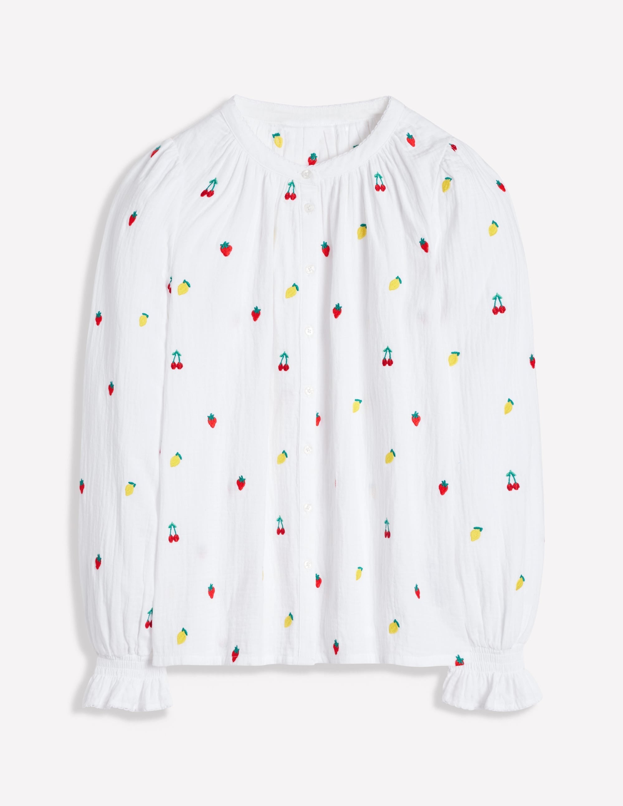 Evie Double Cloth Top-White, Embroidered Fruit - Image 6
