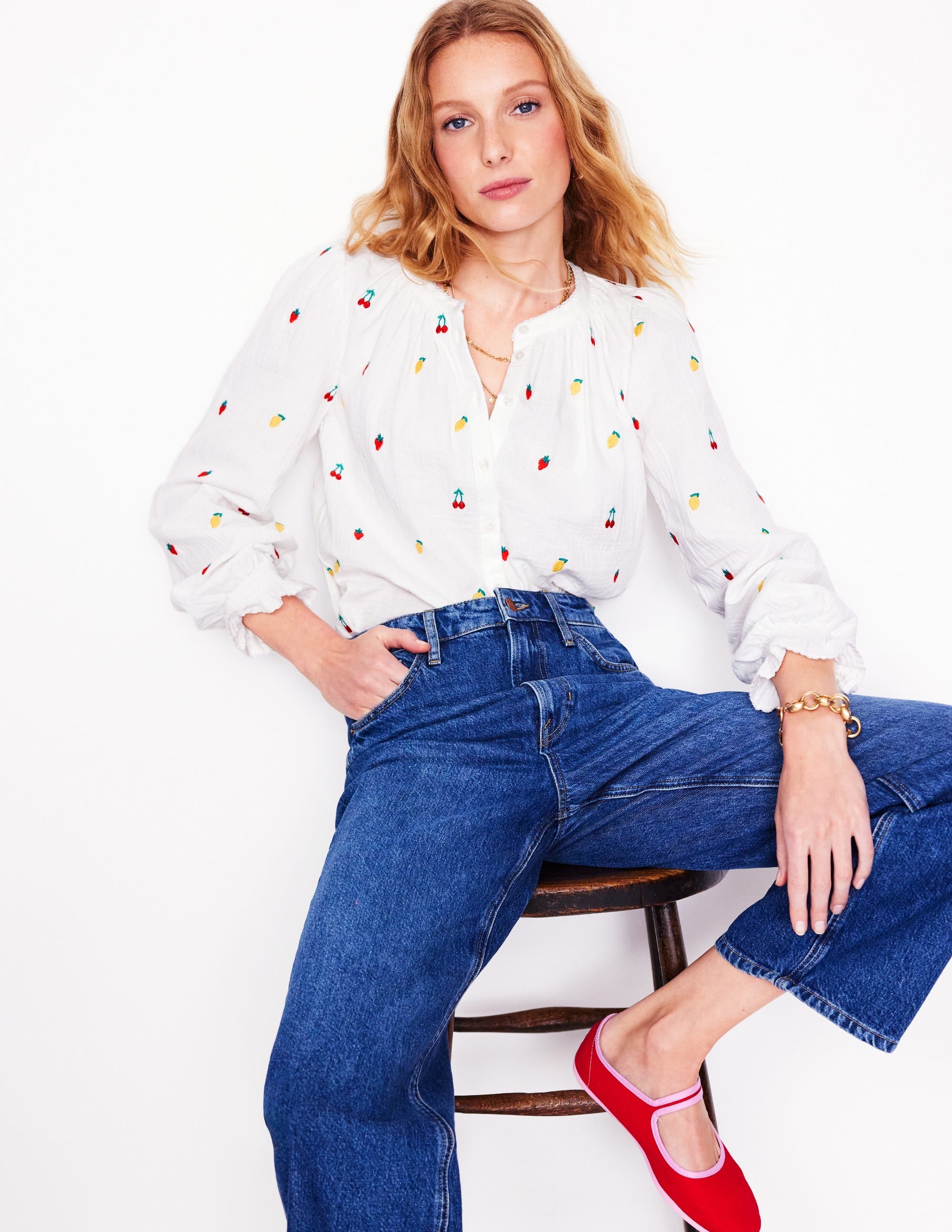 Evie Double Cloth Top-White, Embroidered Fruit - Image 1