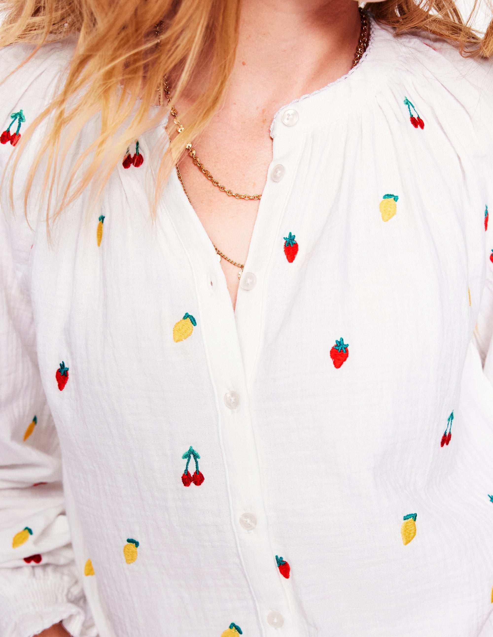 Evie Double Cloth Top-White, Embroidered Fruit - Image 2