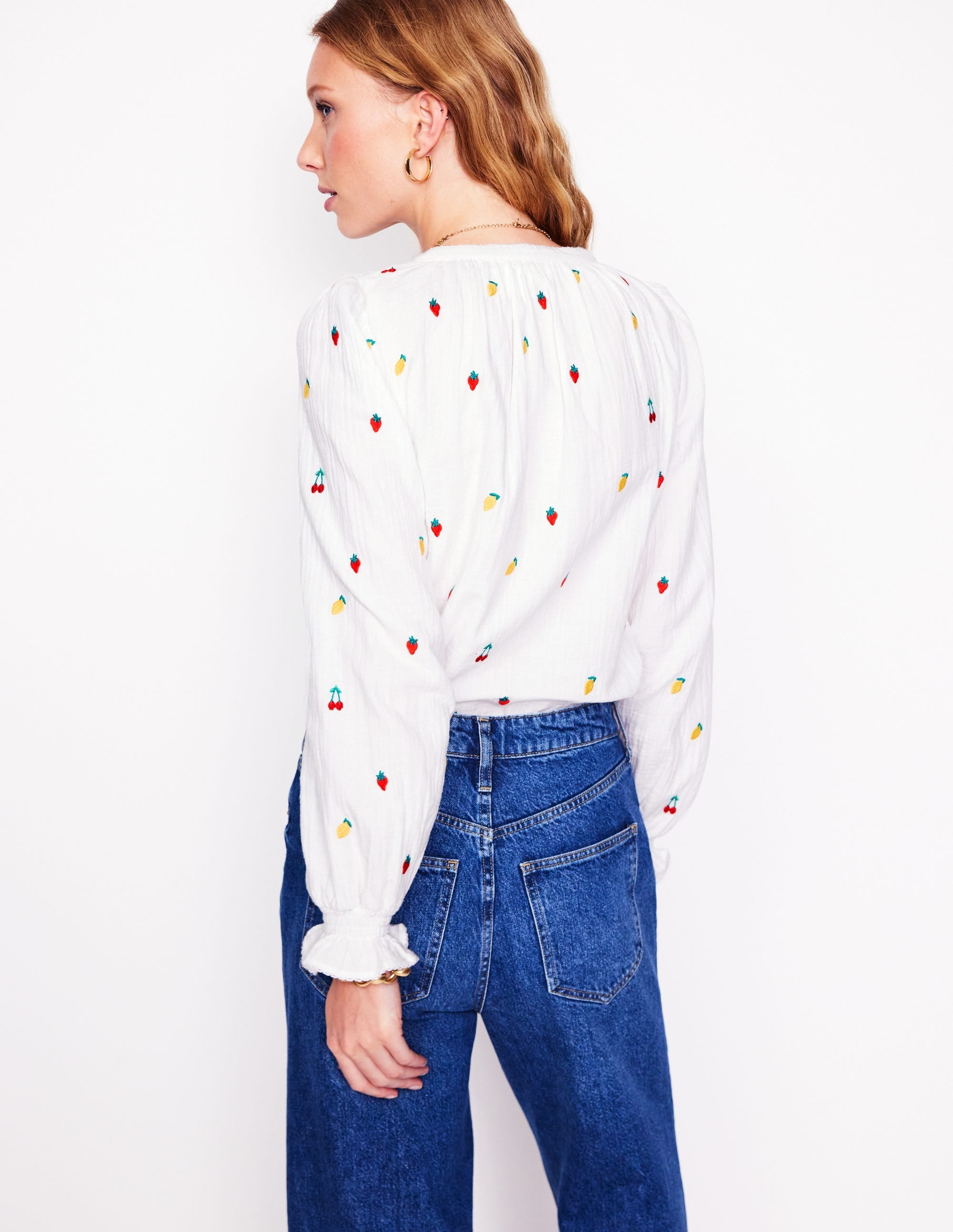 Evie Double Cloth Top-White, Embroidered Fruit - Image 3