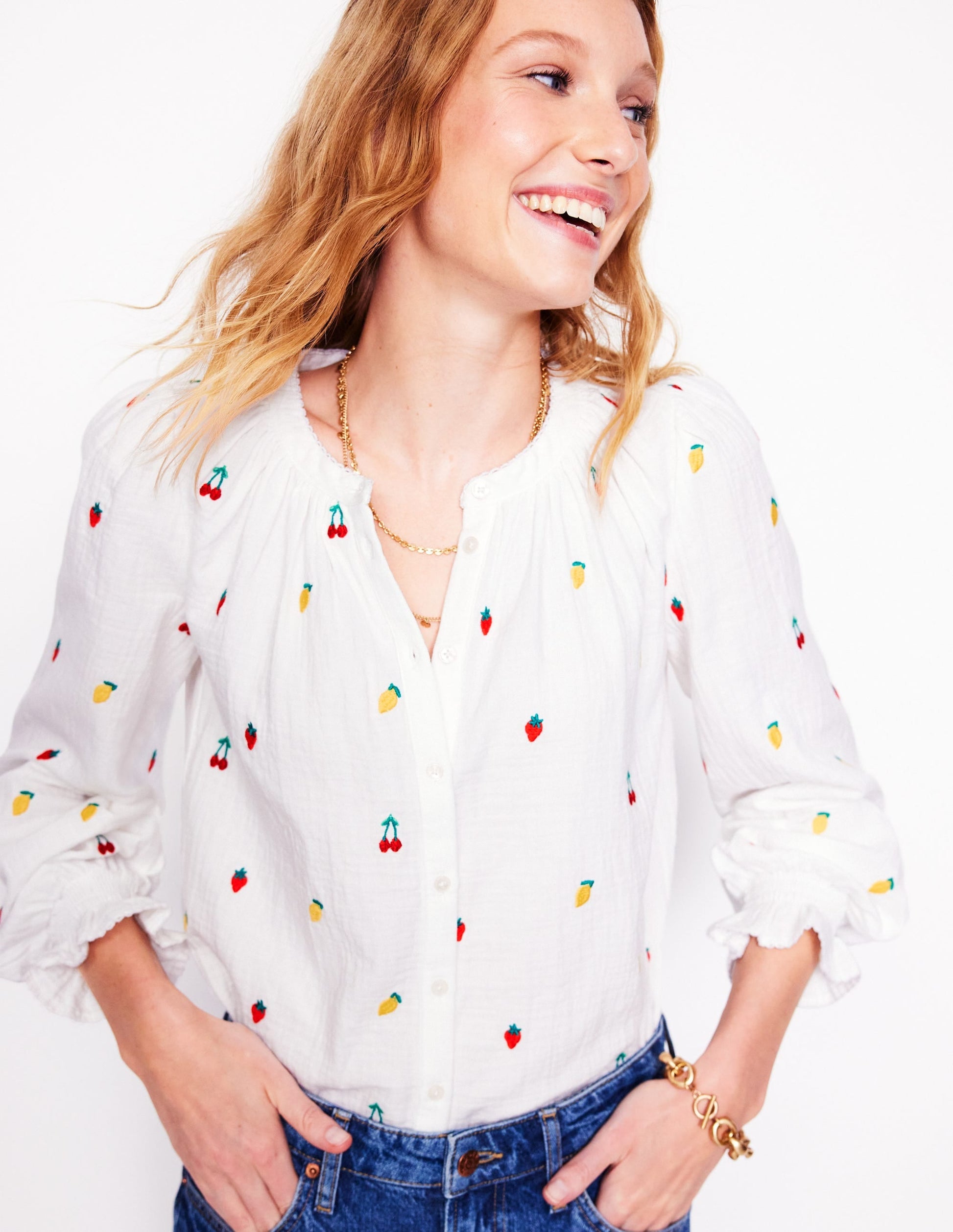Evie Double Cloth Top-White, Embroidered Fruit-4