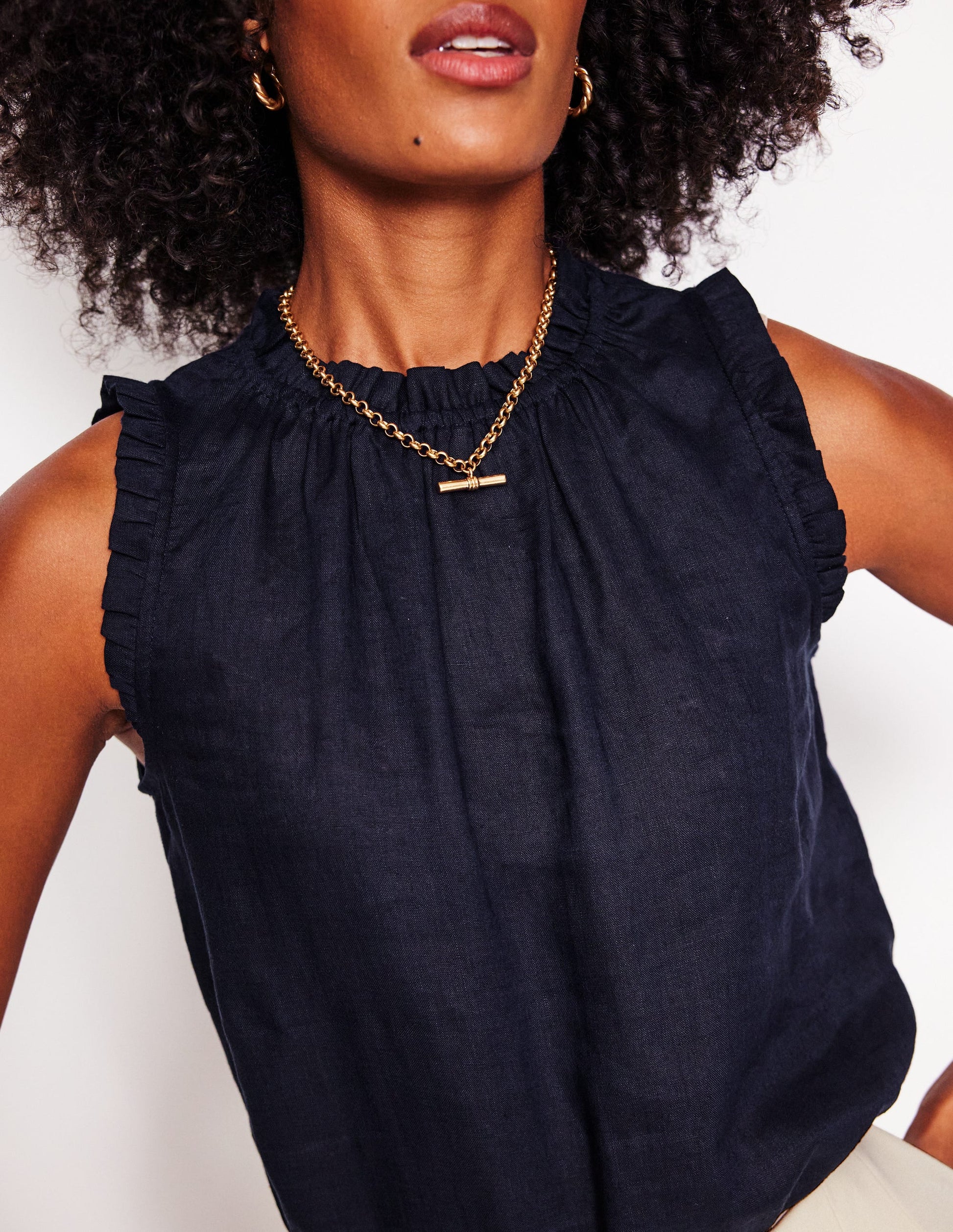 Sophie Ruffle Linen Top-Navy-2