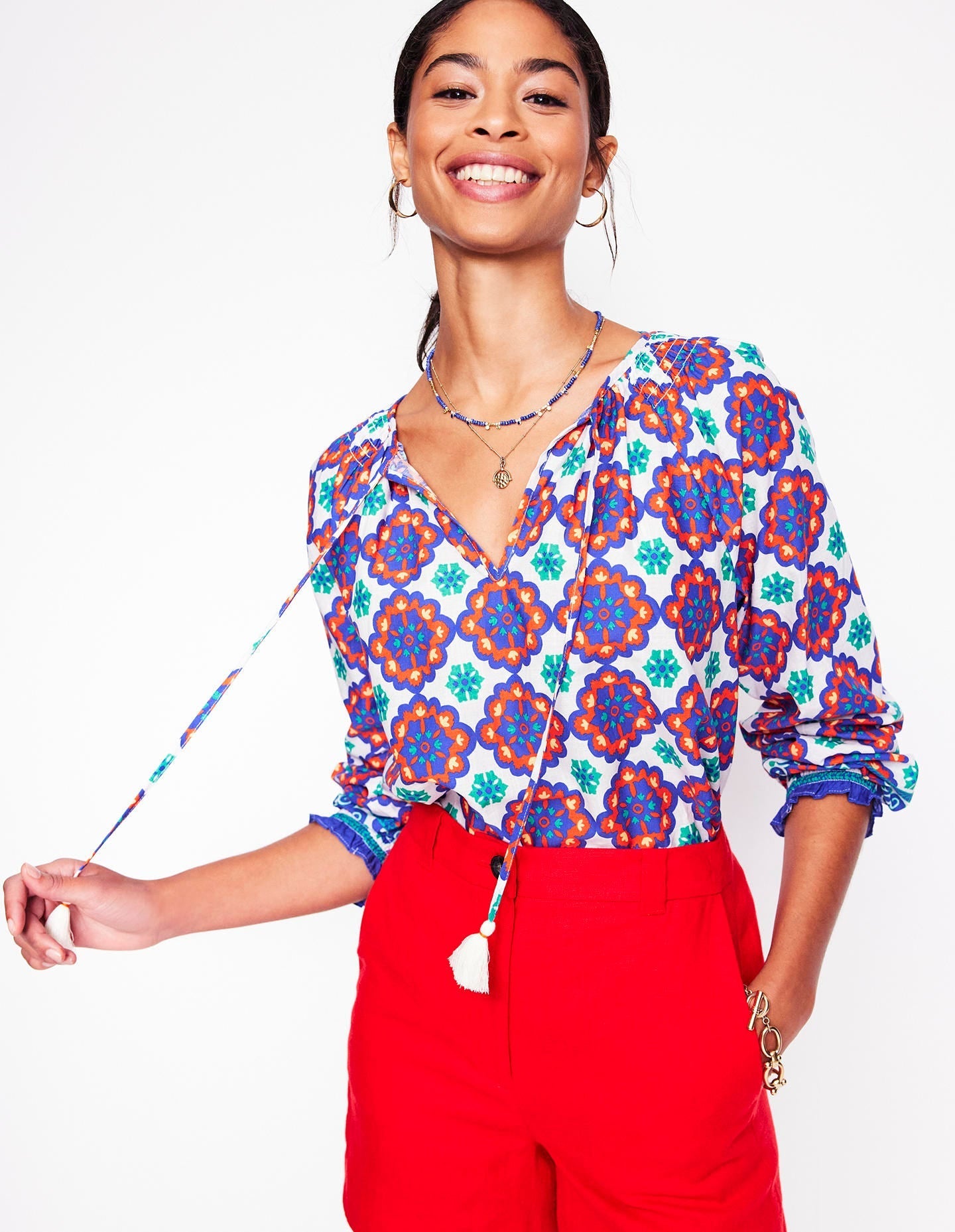Easy Cotton Blouse-Bright Blue, Bloom Geo - Image 4