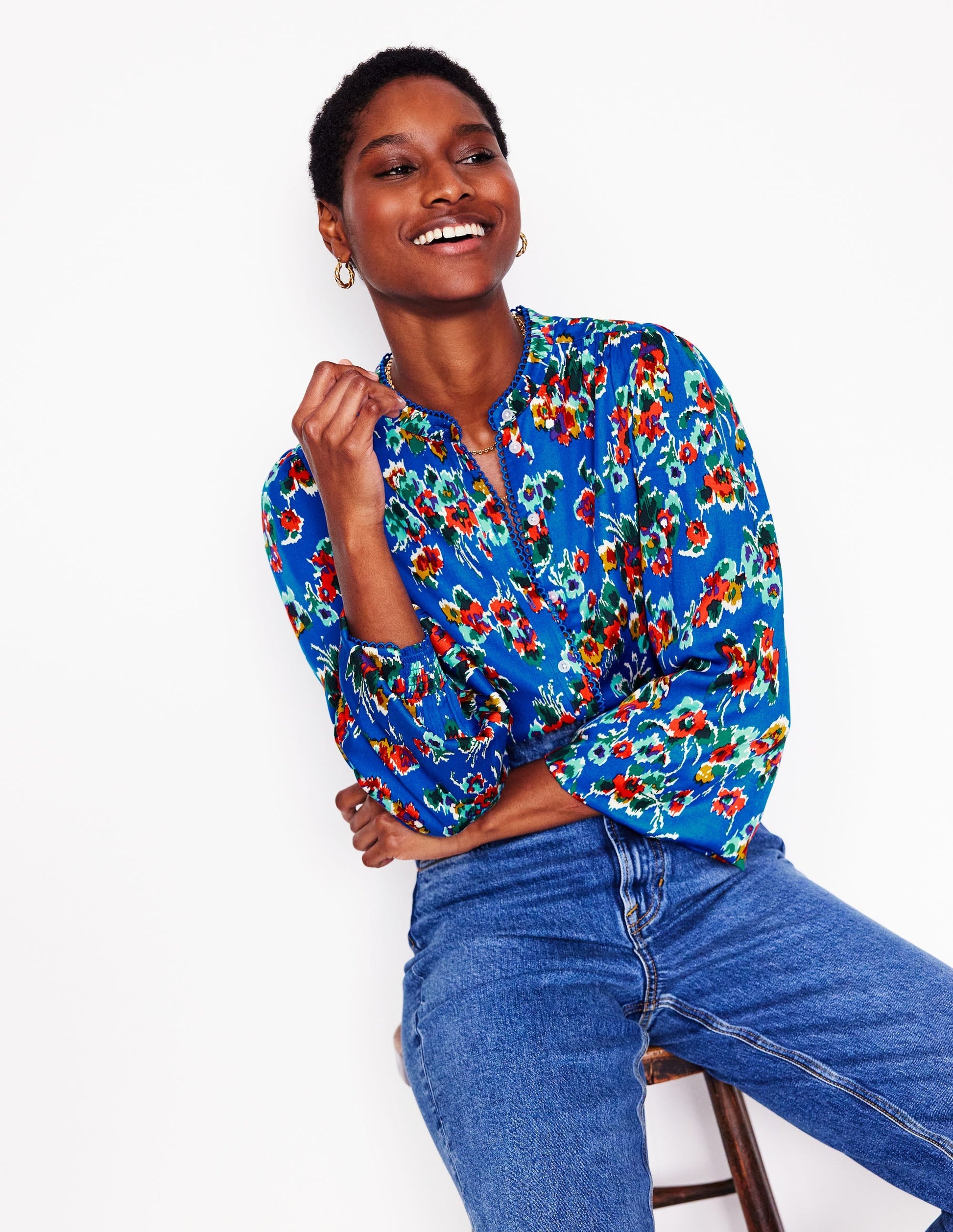 Ara Long Sleeve Top-Gallery Blue, Abstract Posy-5