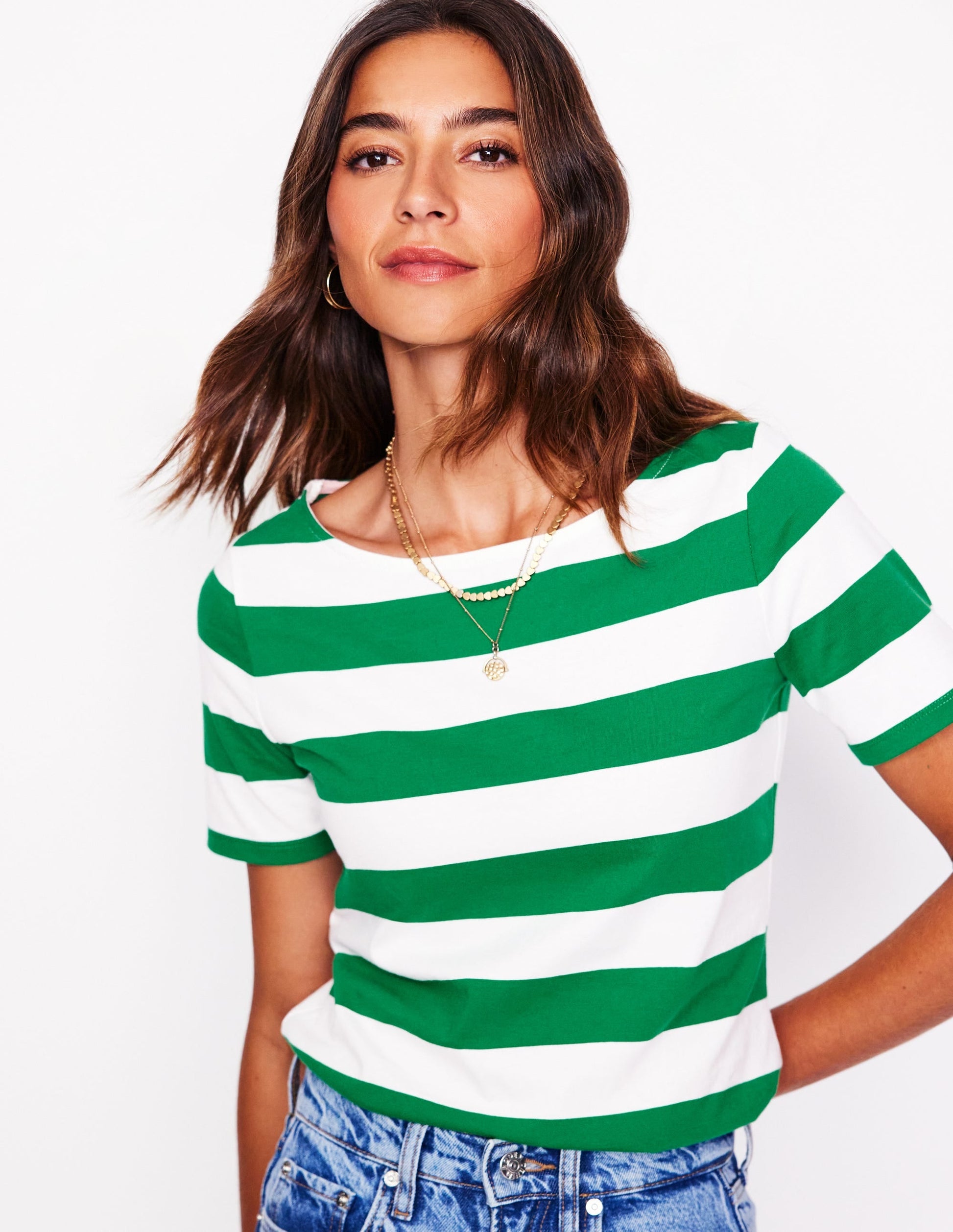Ella Short Sleeve Breton-Ivory, Rich Emerald-1