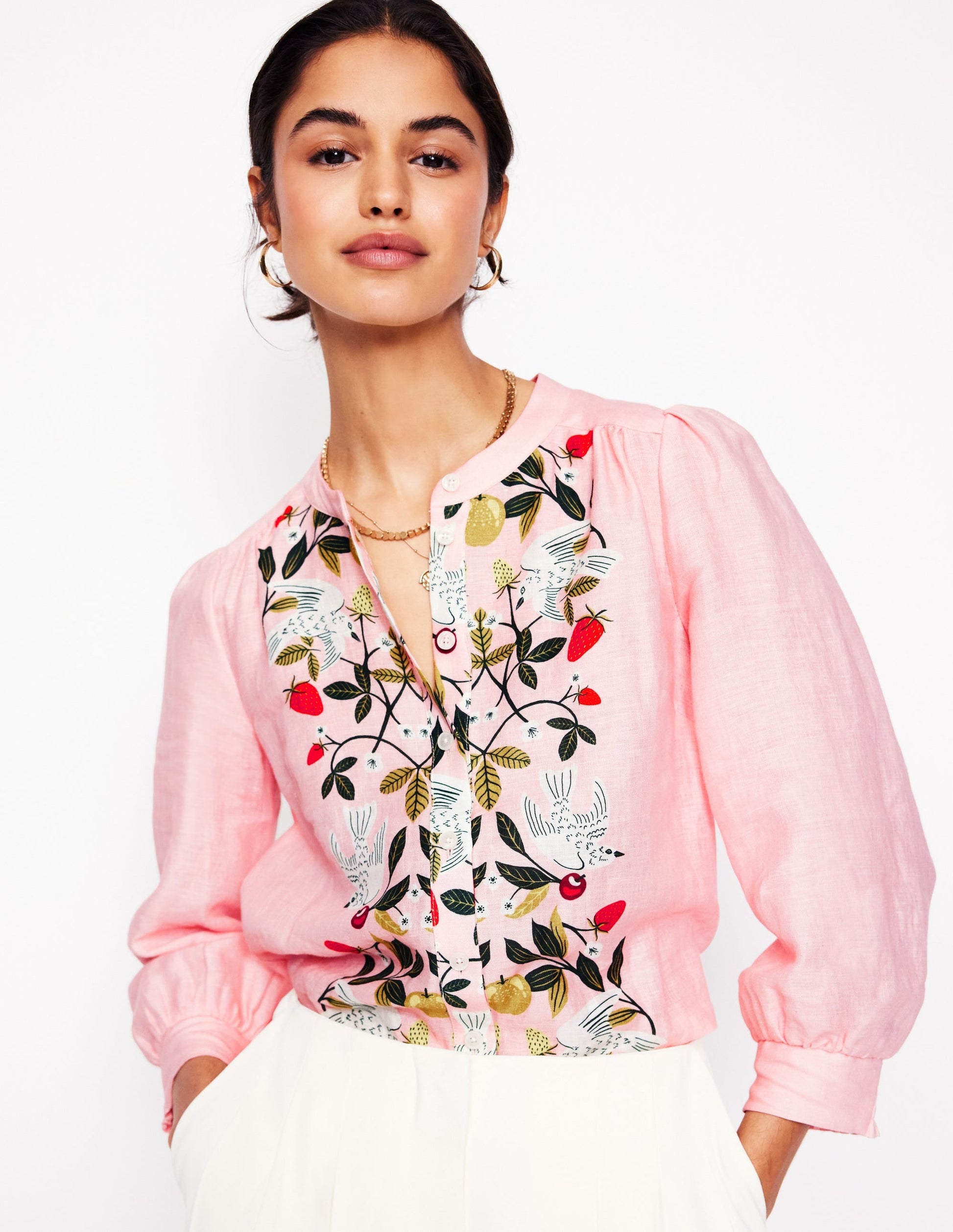 Alicia Linen Top-Provence Pink, Bird Paradise-2