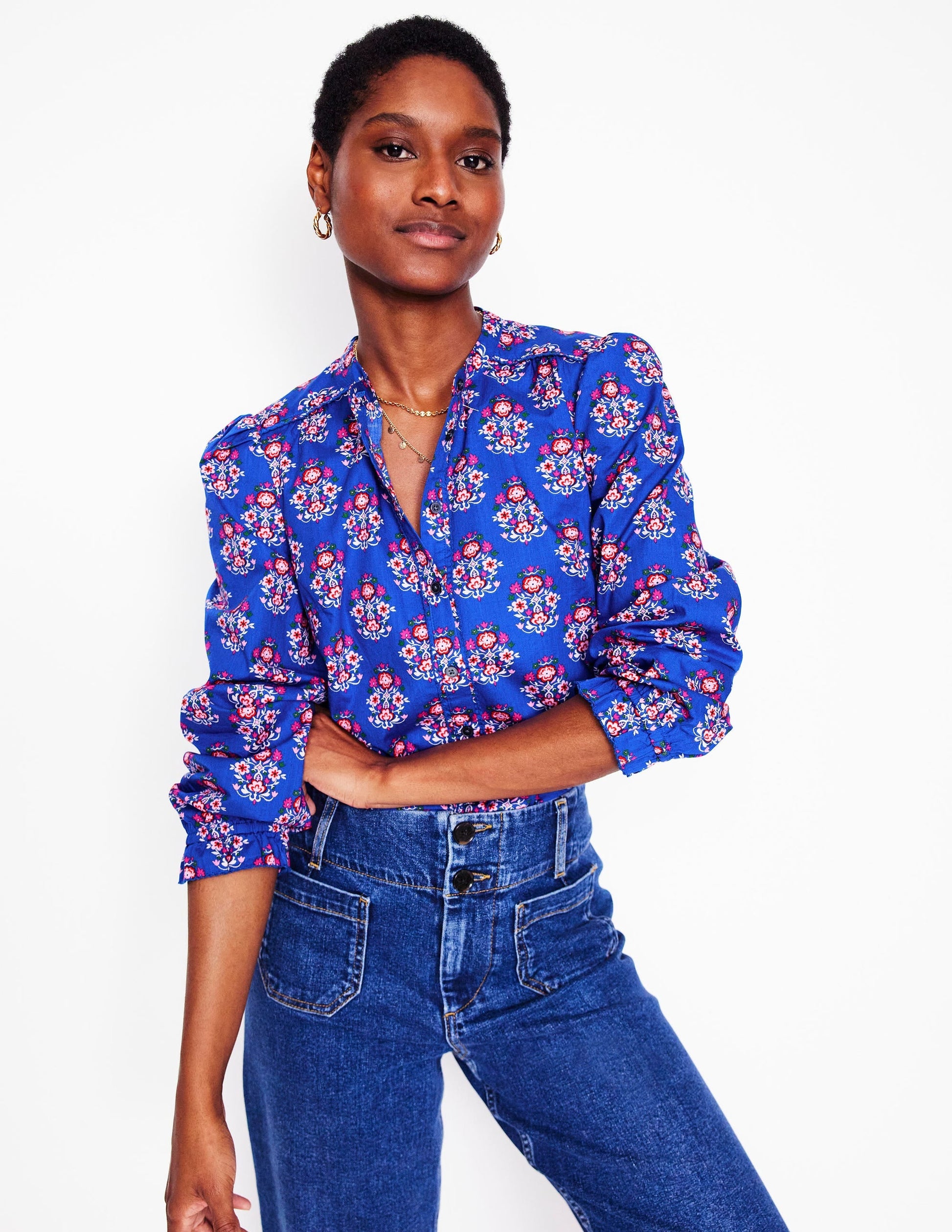 Arabella Cotton Blouse-Bright Blue, Wildflower Stamp-1