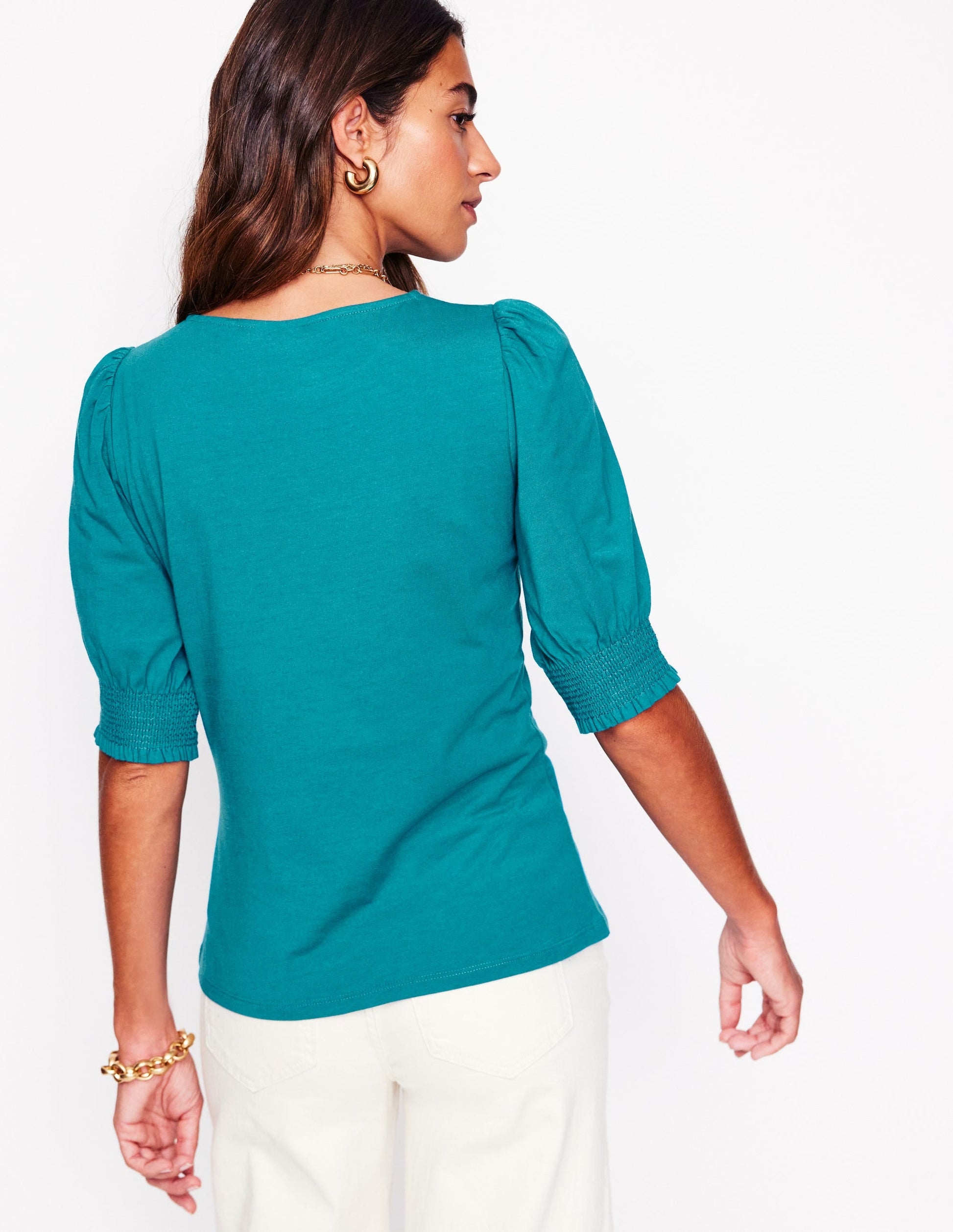 Short Sleeve Smocked Cuff Top-Deep Sea Green-3