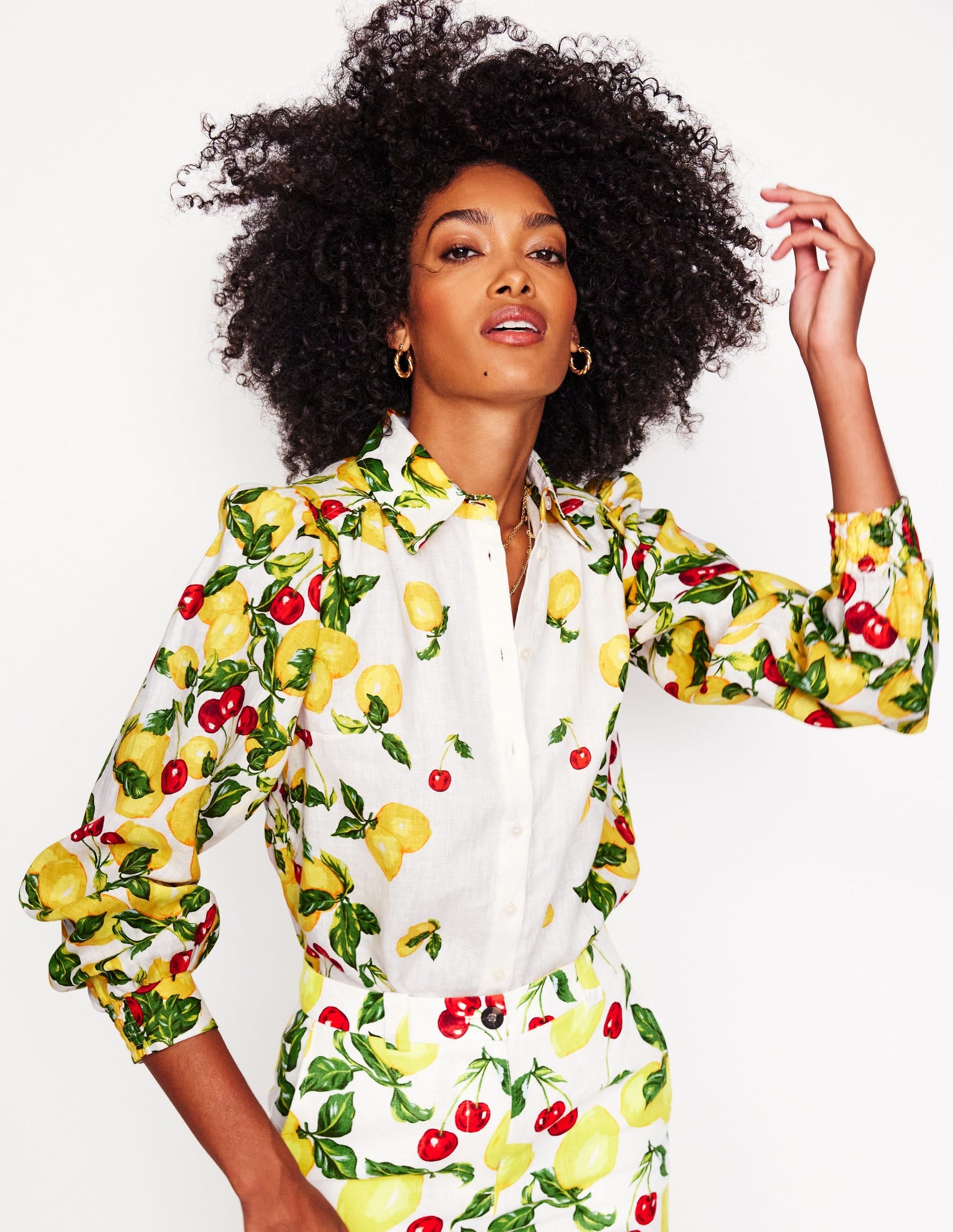 Placement Print Linen Shirt-Ivory, Cherries and Lemons-1