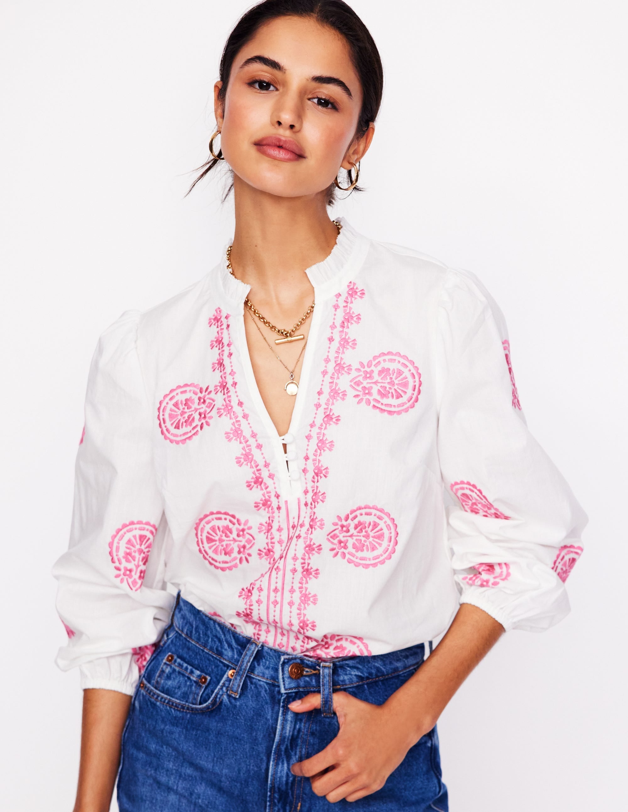 Embroidered Cotton Top-White, Pink Embroidery - Image 1