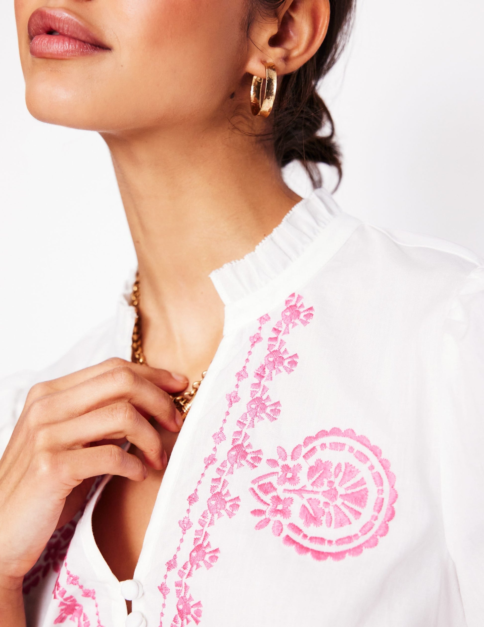 Embroidered Cotton Top-White, Pink Embroidery-2