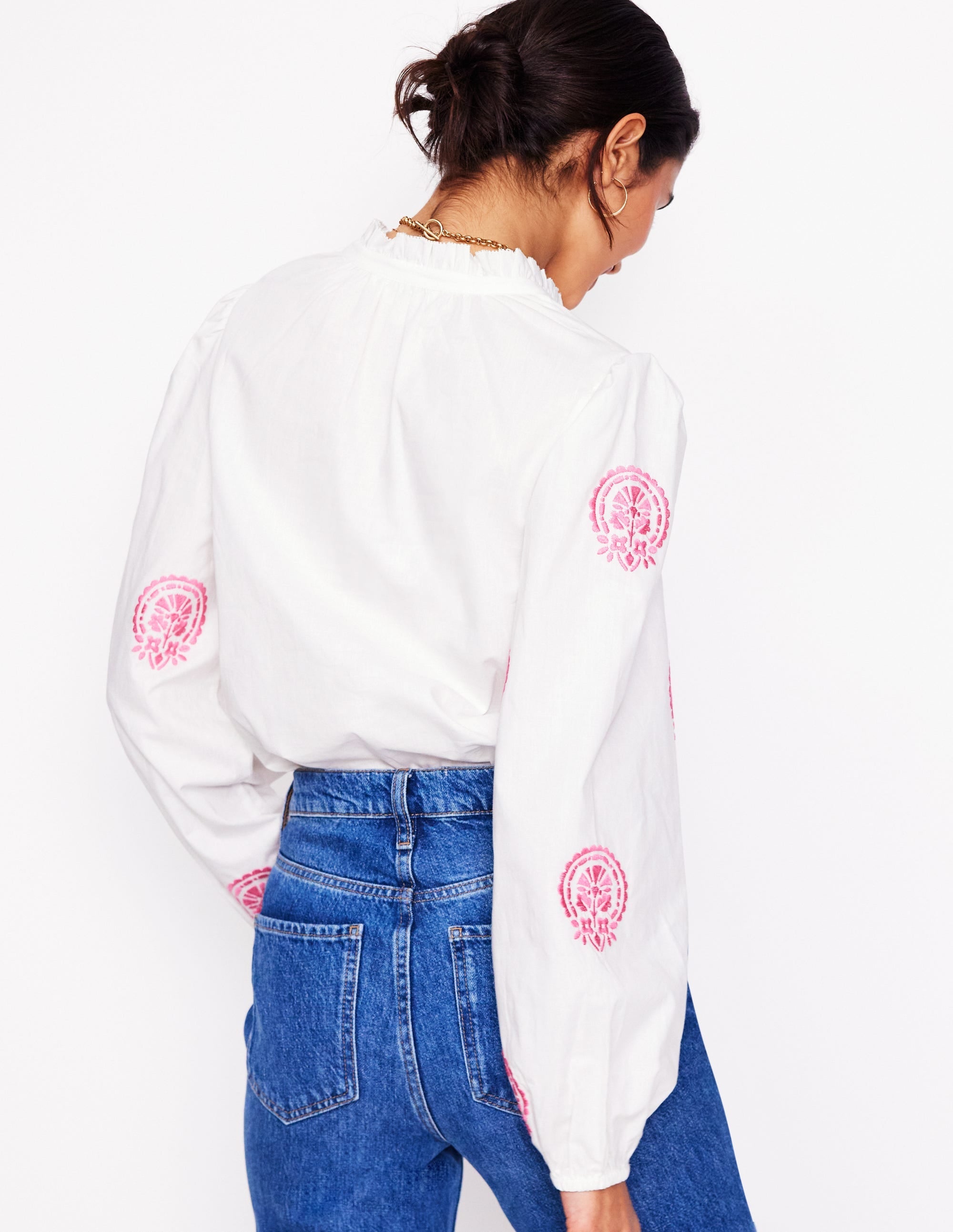 Embroidered Cotton Top-White, Pink Embroidery - Image 3